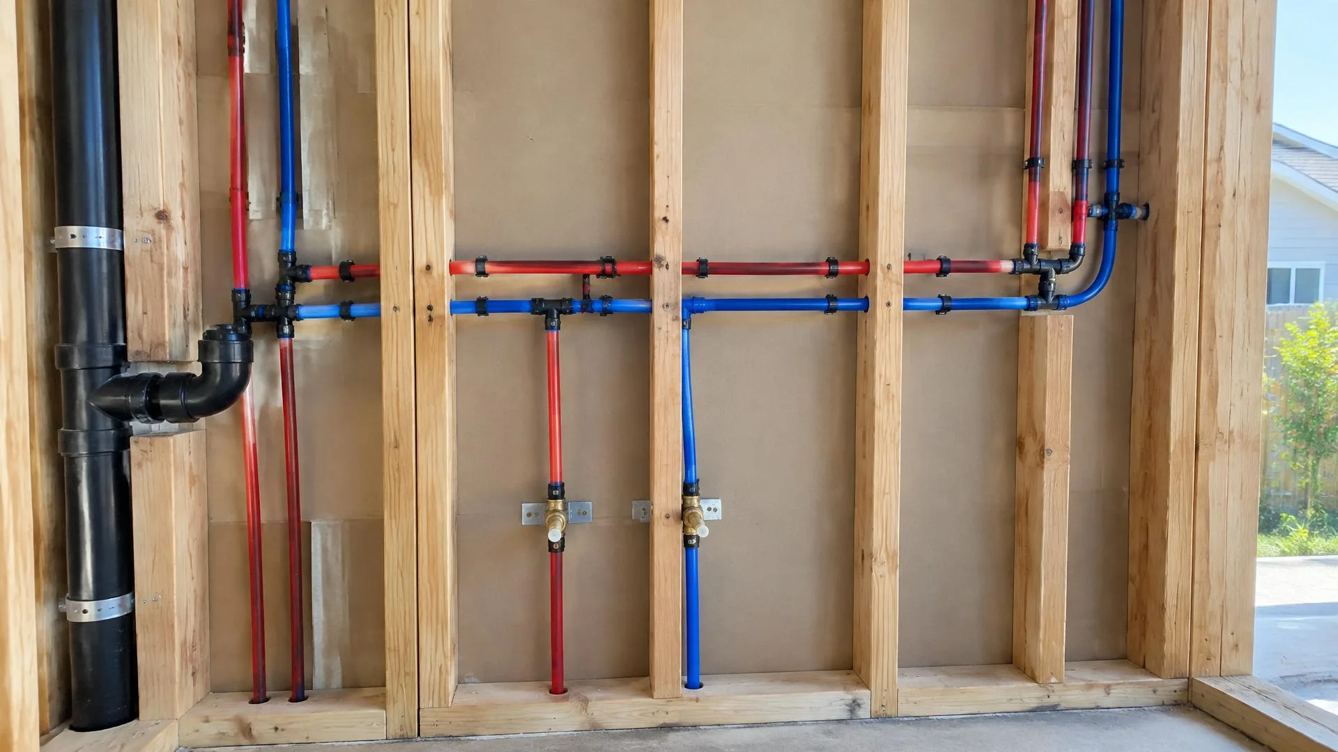 Multiple exposed water supply lines and fittings arranged along an interior wall