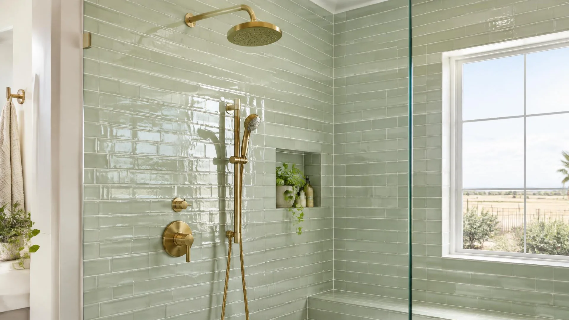 Shower valve trim and bathtub spout at a bathroom bathing fixture