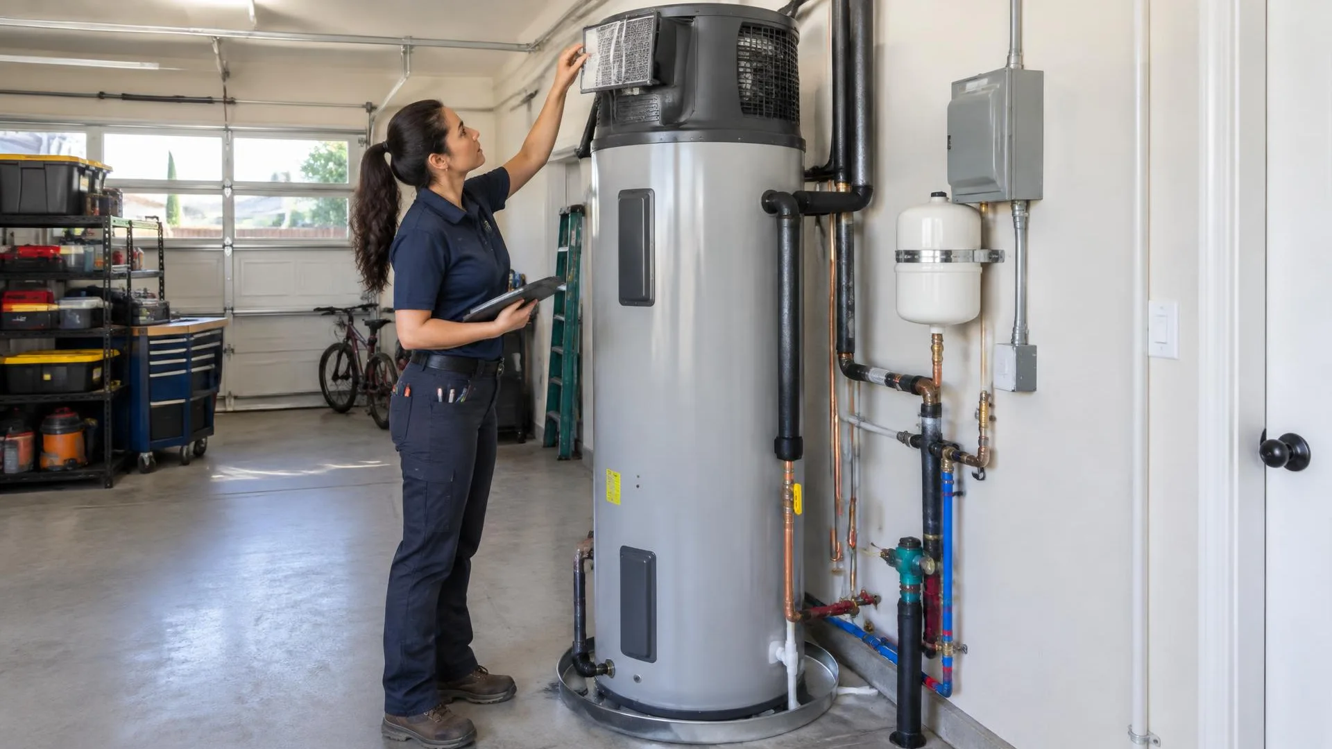 Condensate route planning for a Modesto heat pump water heater installation