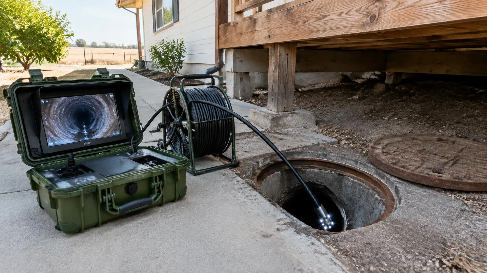 Sewer camera monitor and reel arranged for a residential property inspection