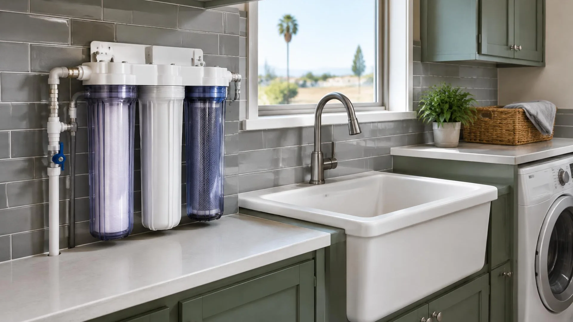 Replaceable water filter cartridge beside its residential filter housing