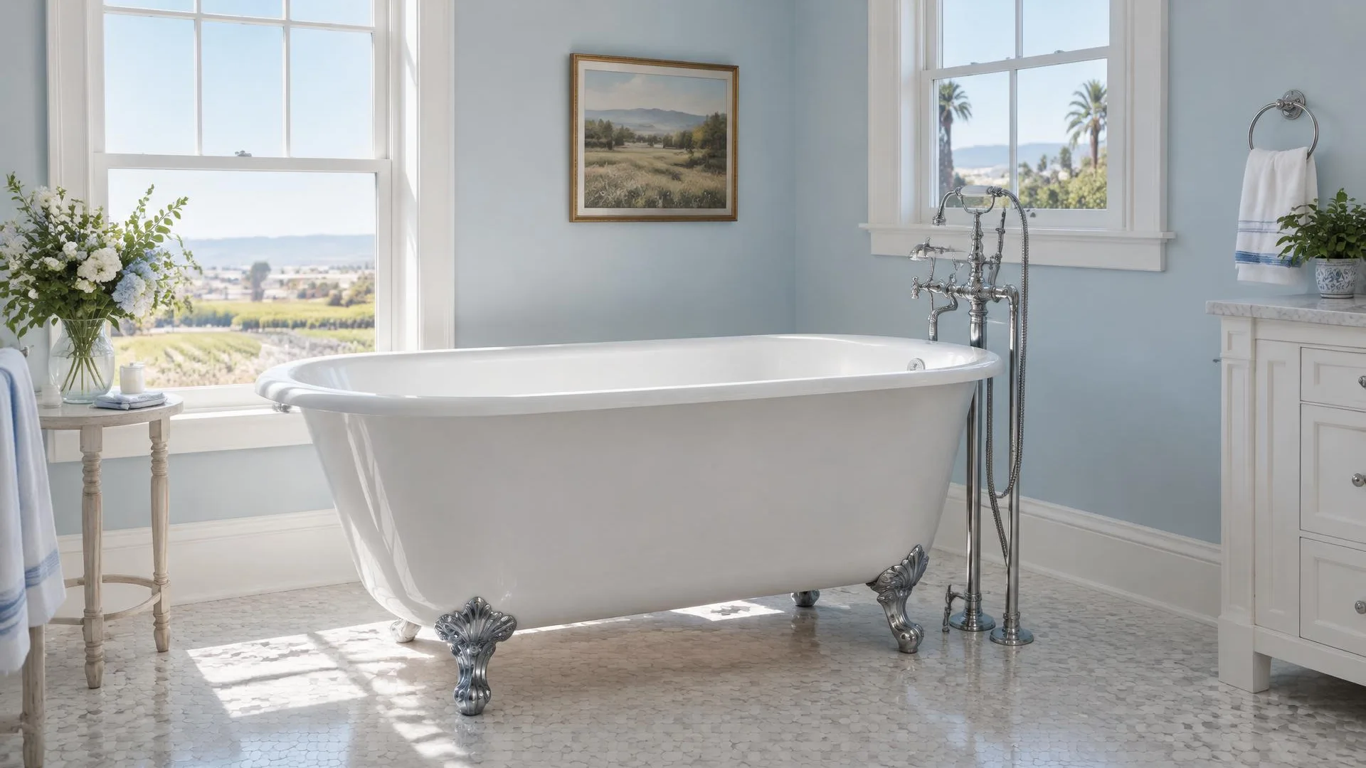 Bathroom plumbing access panel beside a bathtub installation