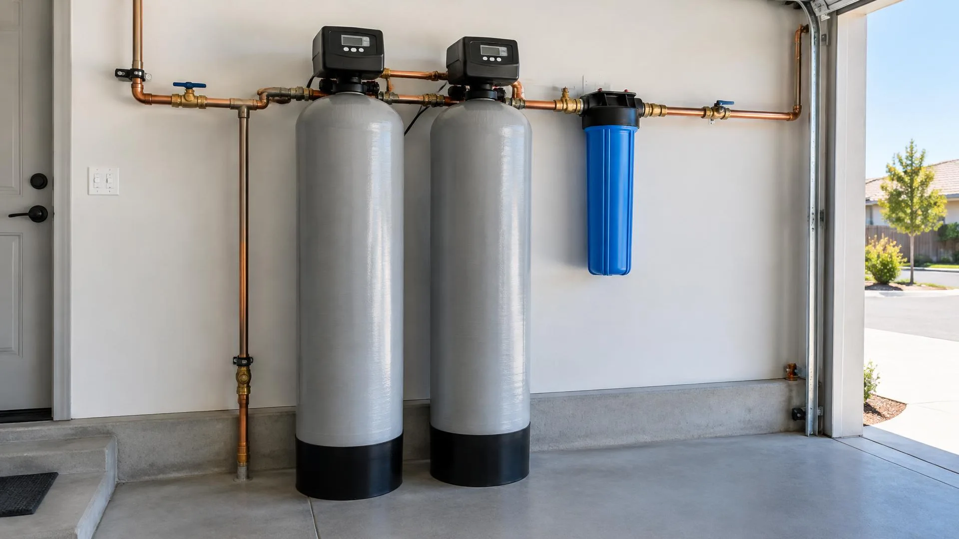 Water sample beside residential filtration and conditioning equipment
