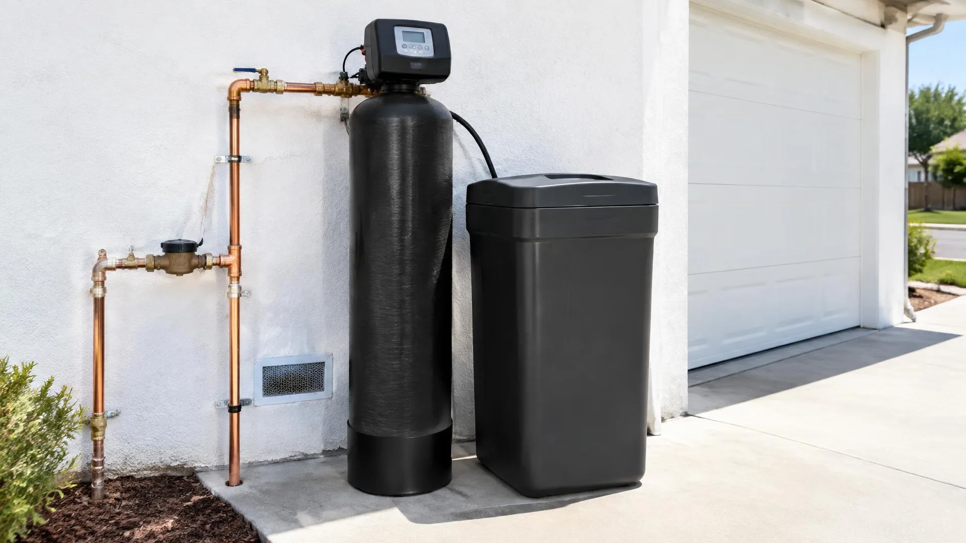 Residential water treatment tanks with inlet and outlet plumbing connections