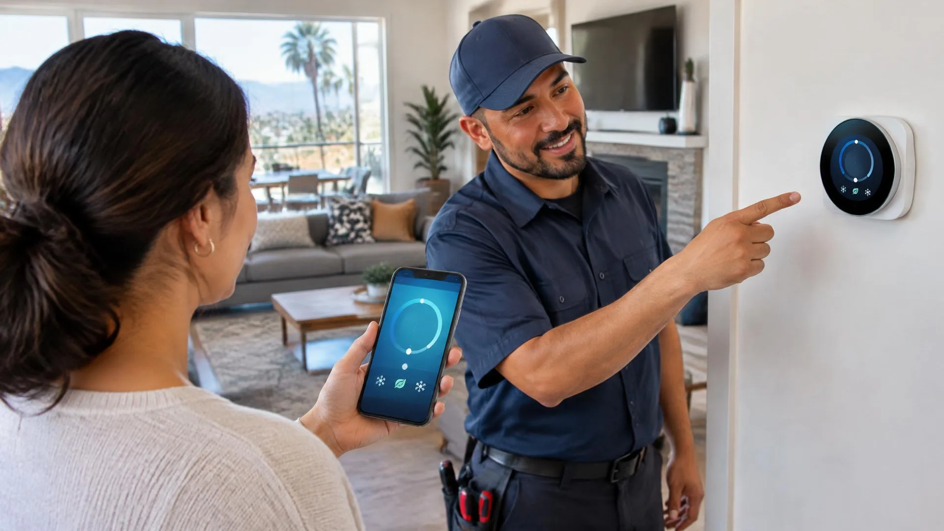 Homeowner viewing a smart thermostat app alongside the wall control