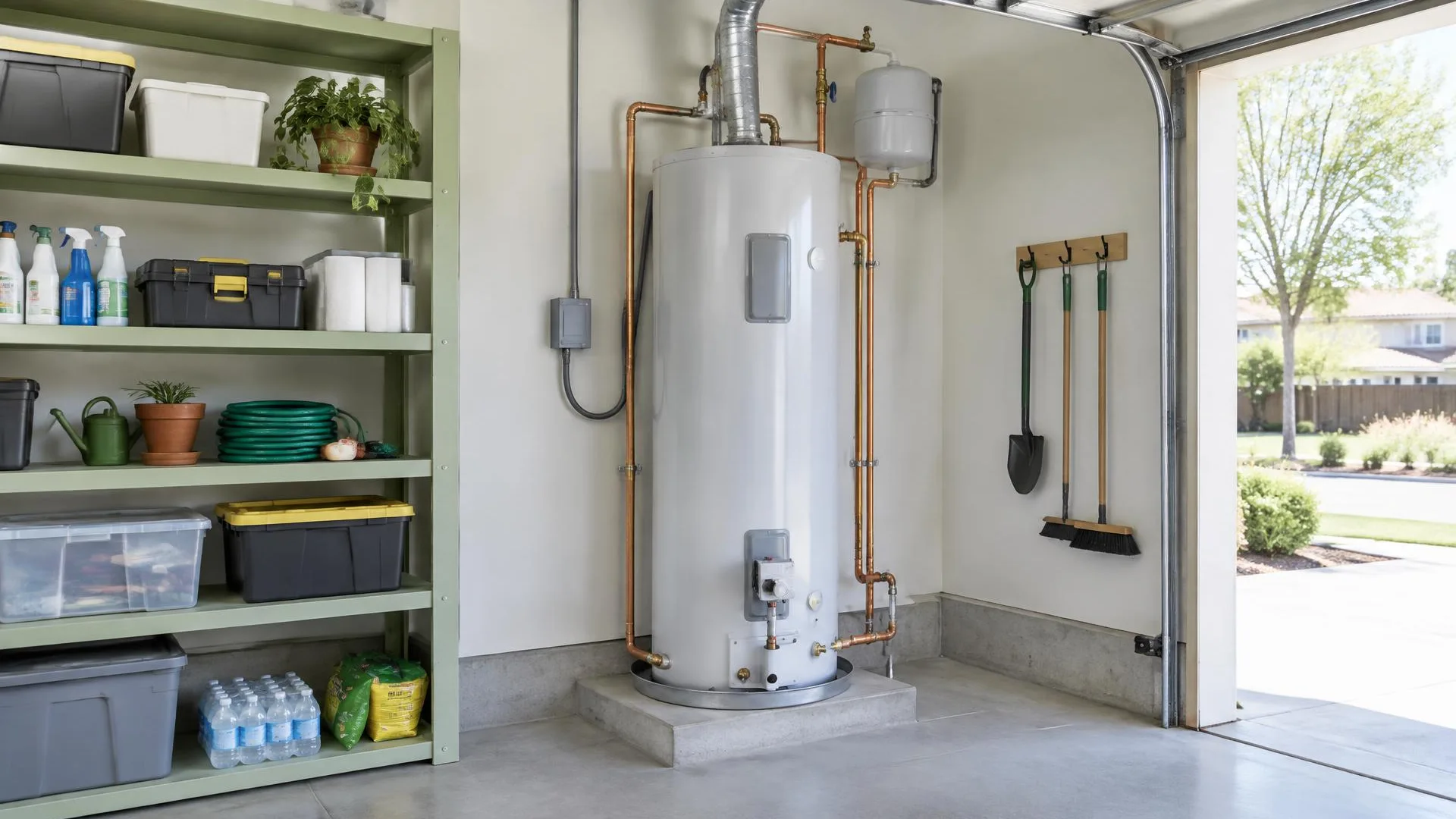 Exposed water heater piping with multiple connections visible for repair planning