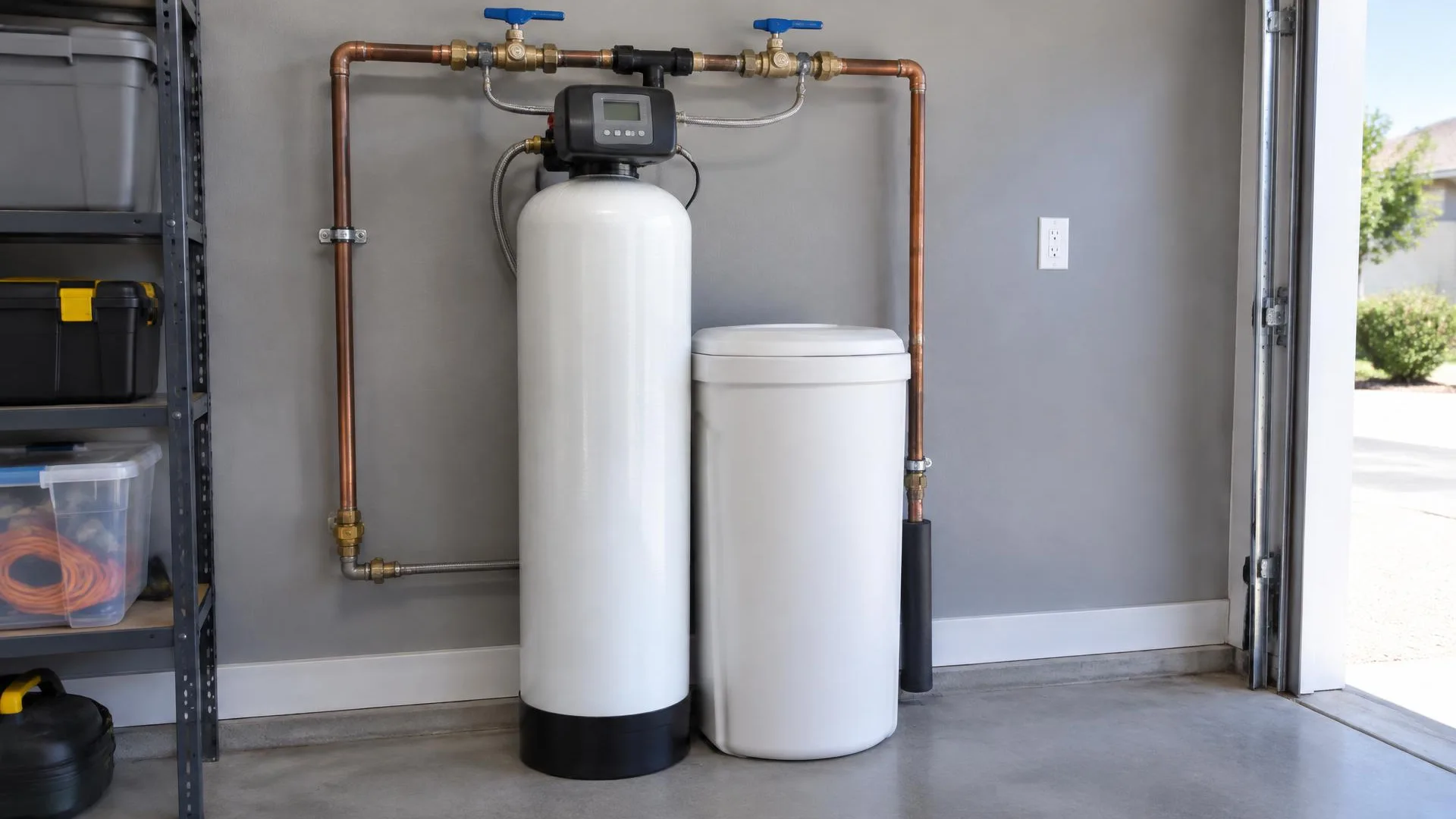 Water softener and filtration equipment arranged with accessible plumbing valves