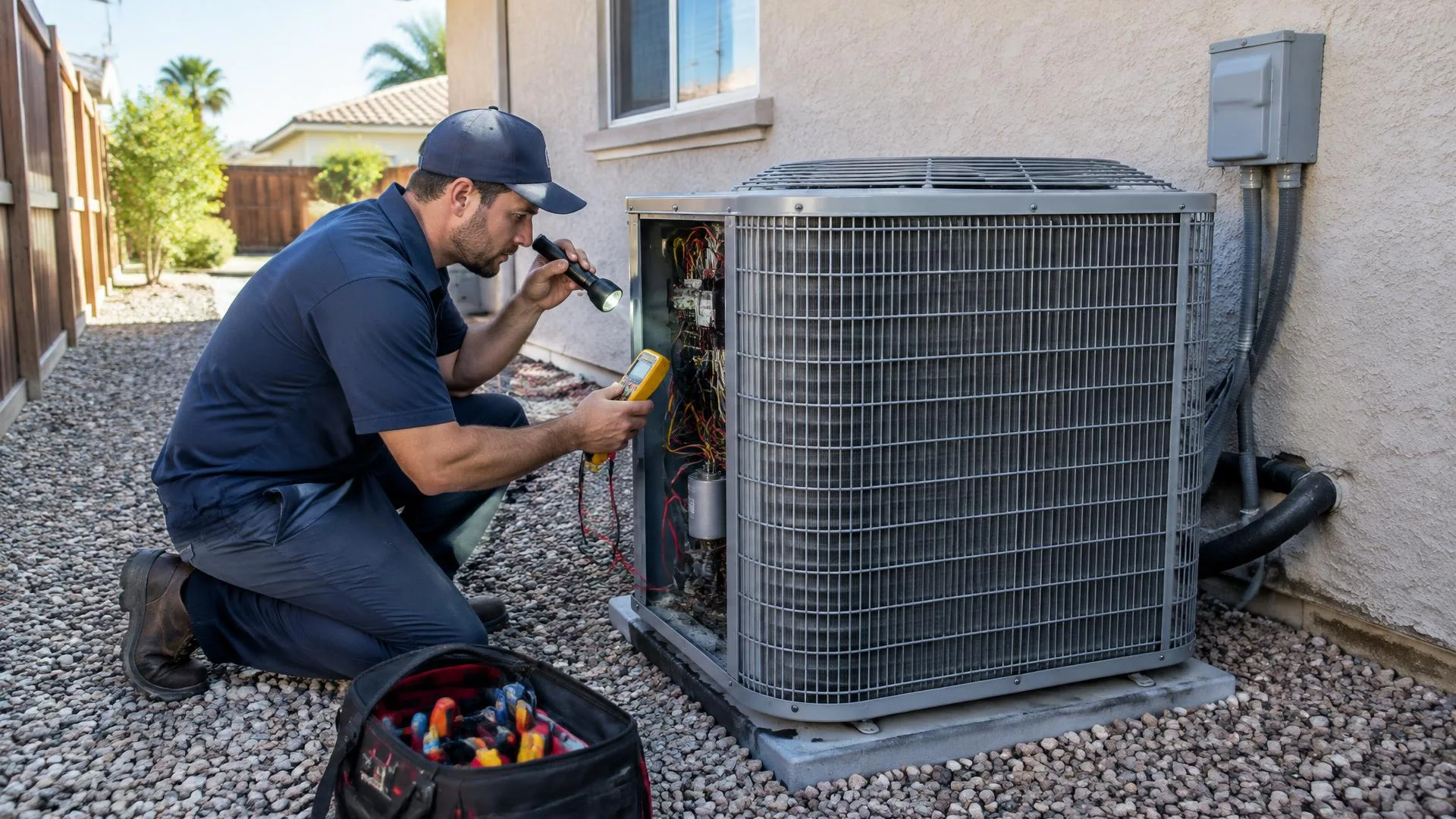 Outdoor AC equipment awaiting electrical fault evaluation