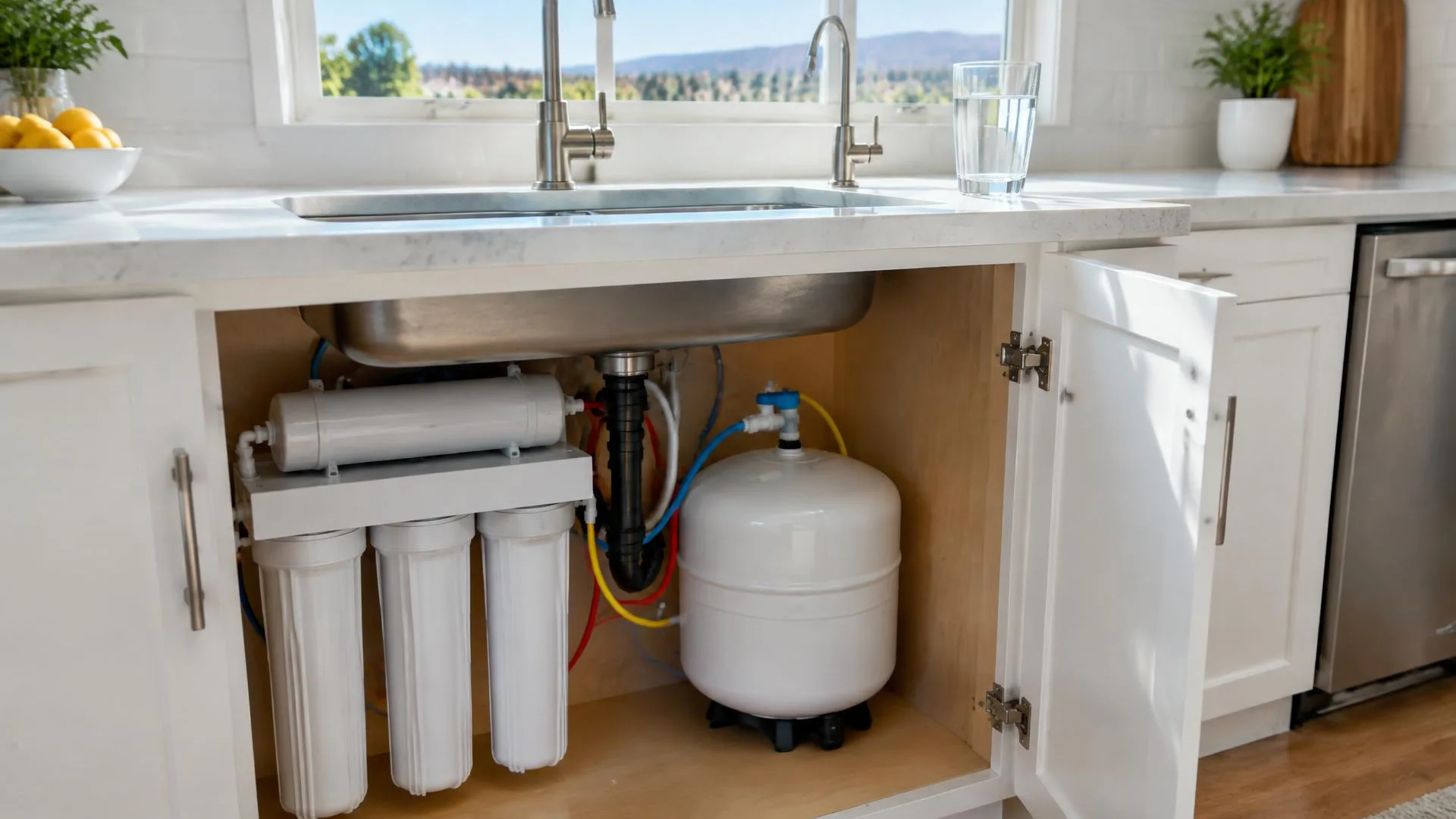 Residential water softener positioned beside a separate filter housing