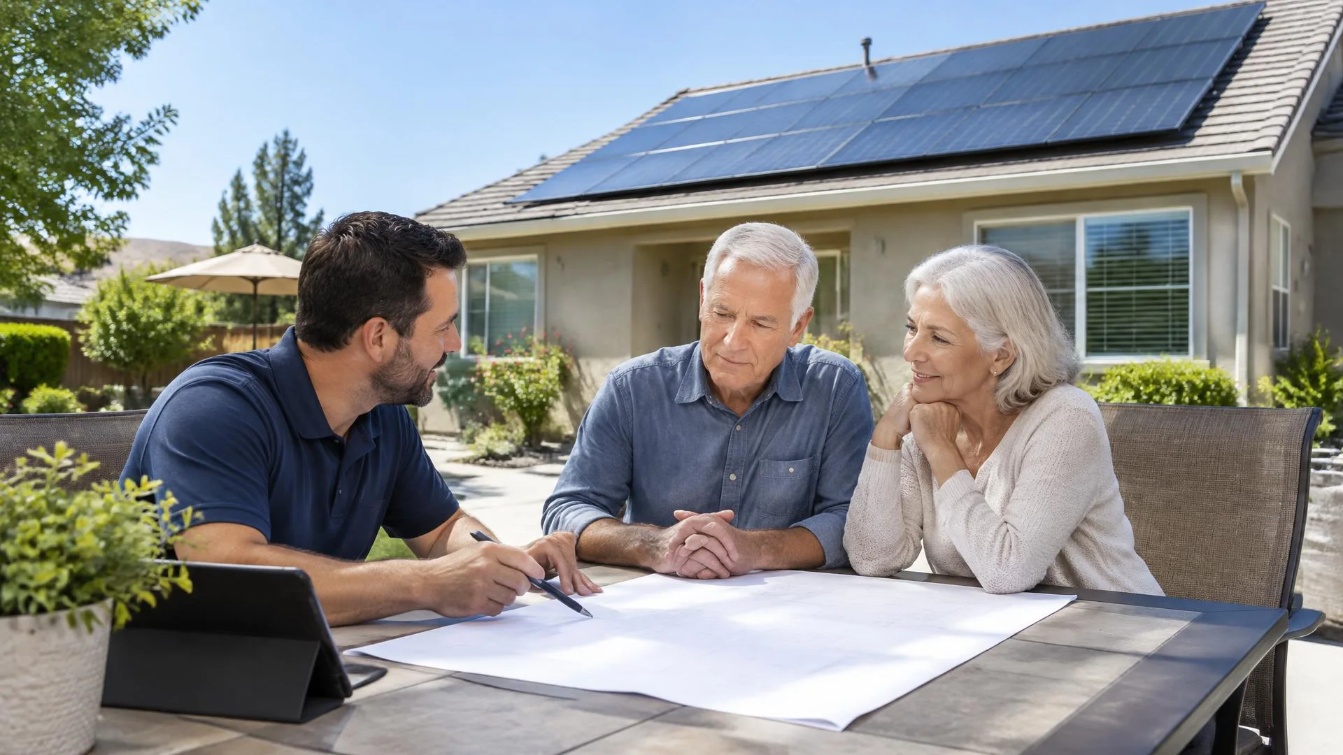 Residential solar project plan showing assessment, design, installation, and handover stages