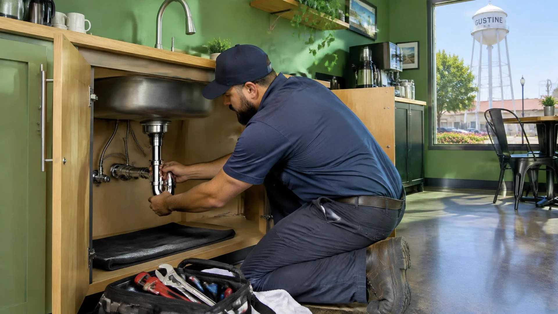 Plumber performing a scheduled maintenance check in a commercial restroom