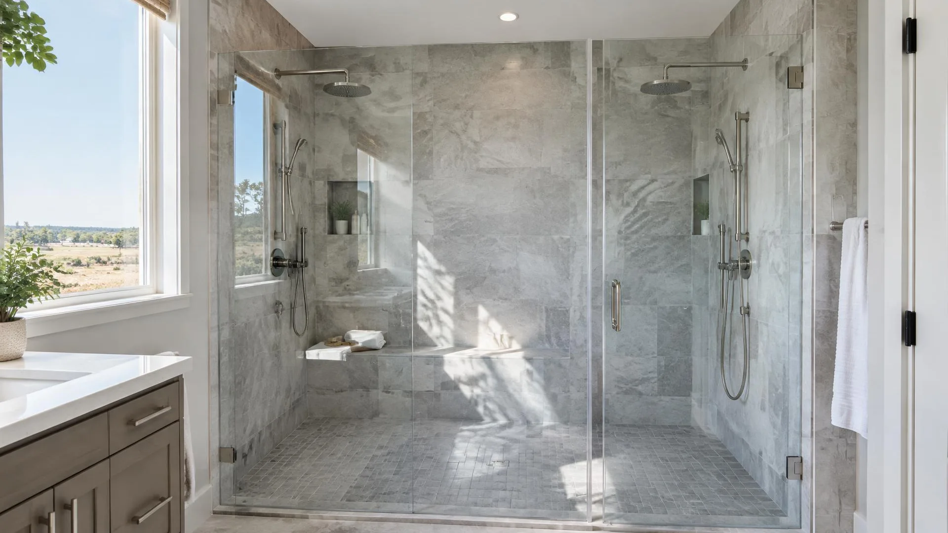 Showerhead and control handle used to adjust bathroom water flow