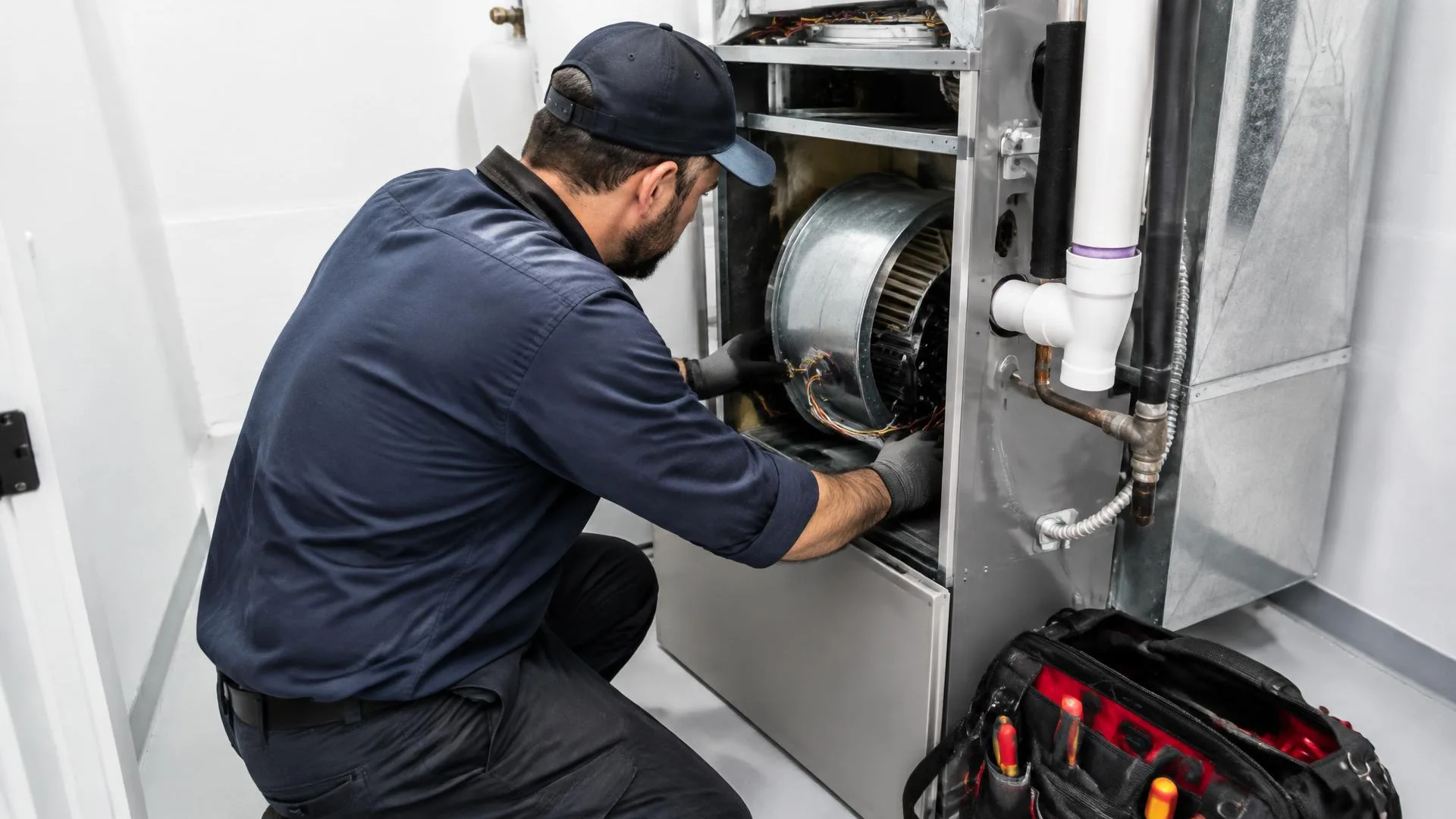 Technician evaluating loud furnace noise during emergency heating service in Turlock