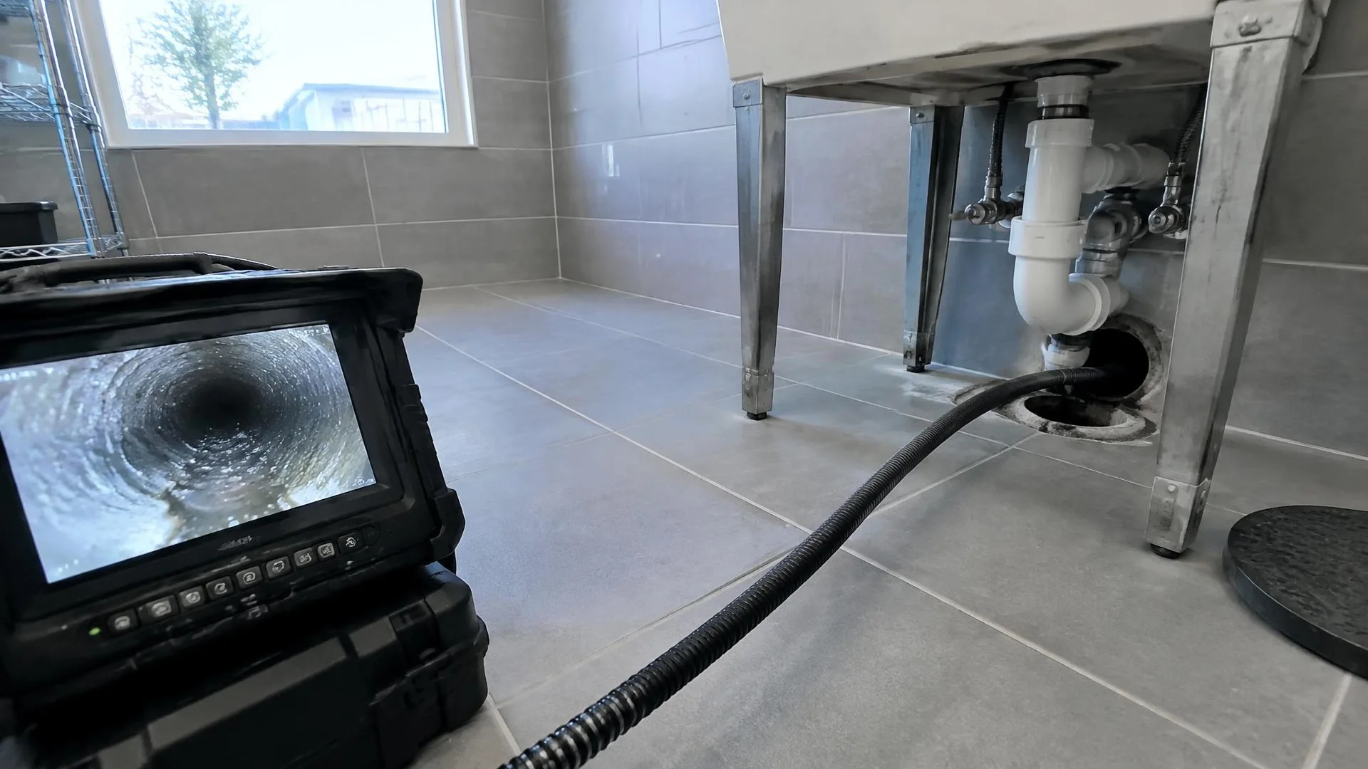 Drain camera monitor displaying the interior of a sewer pipe
