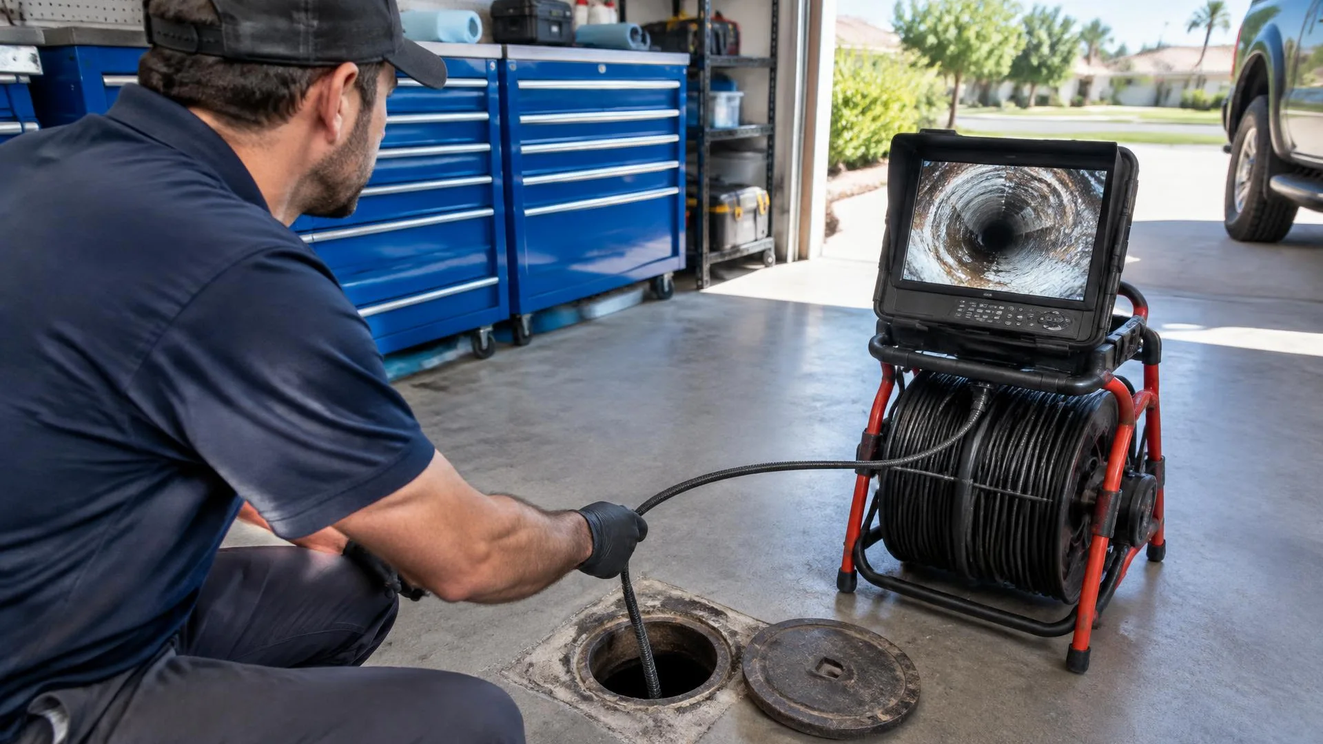 Drain inspection camera reel and monitor near a residential sewer access point