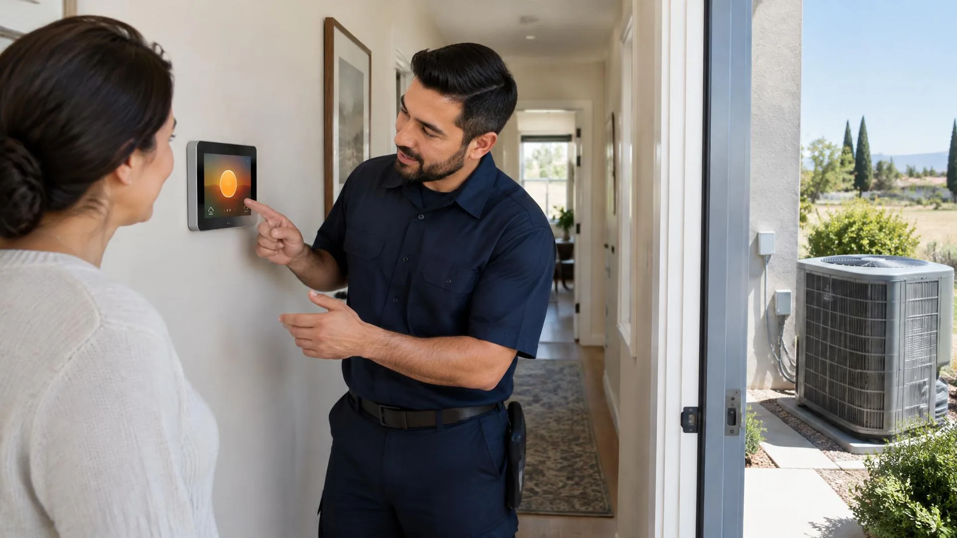 Smart thermostat showing heat pump heating controls in a Merced home