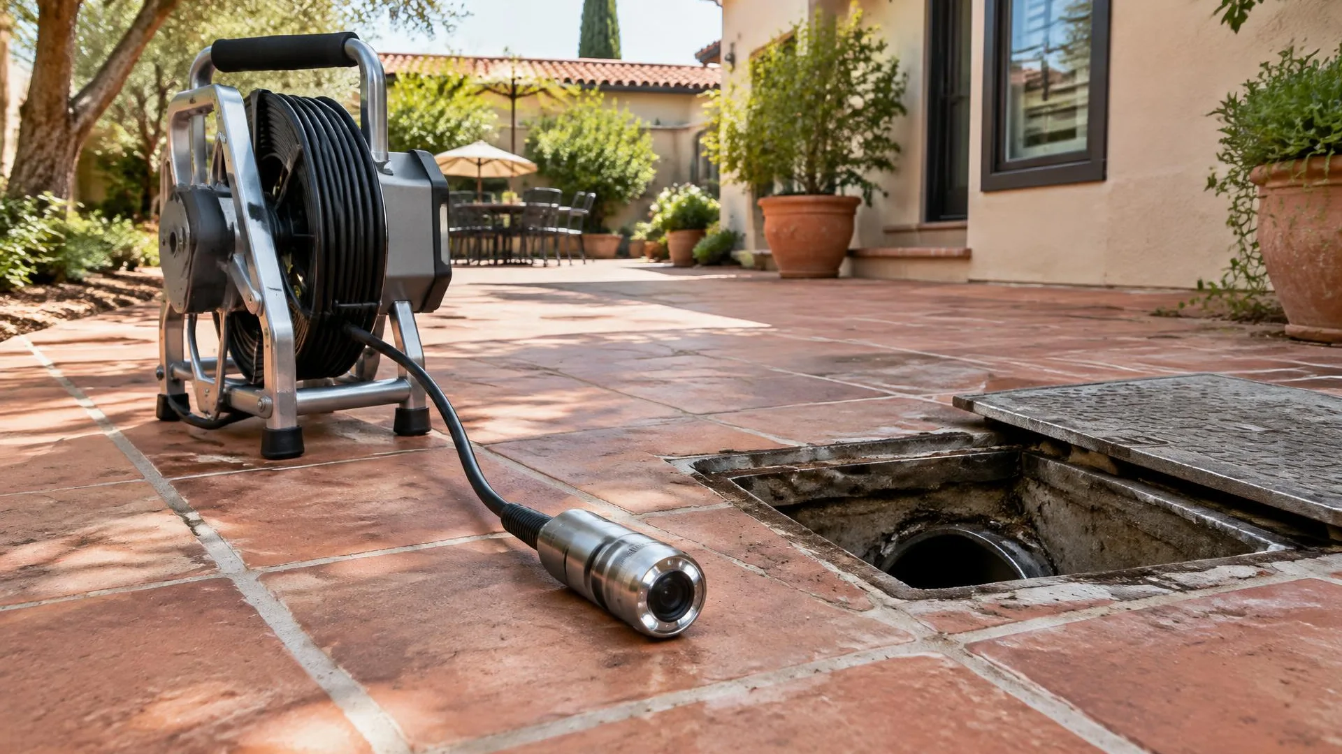 Sewer camera recording displayed on a monitor beside the inspection reel