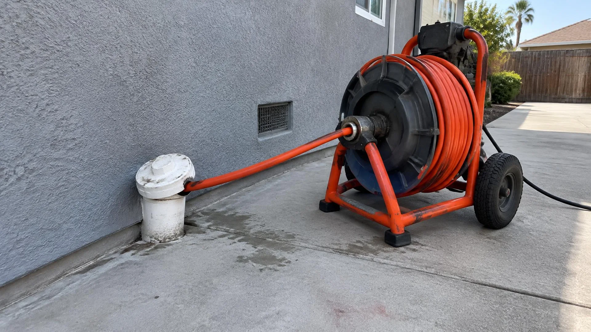 Plumber inspecting a bathroom drain trap while investigating a sewer odor