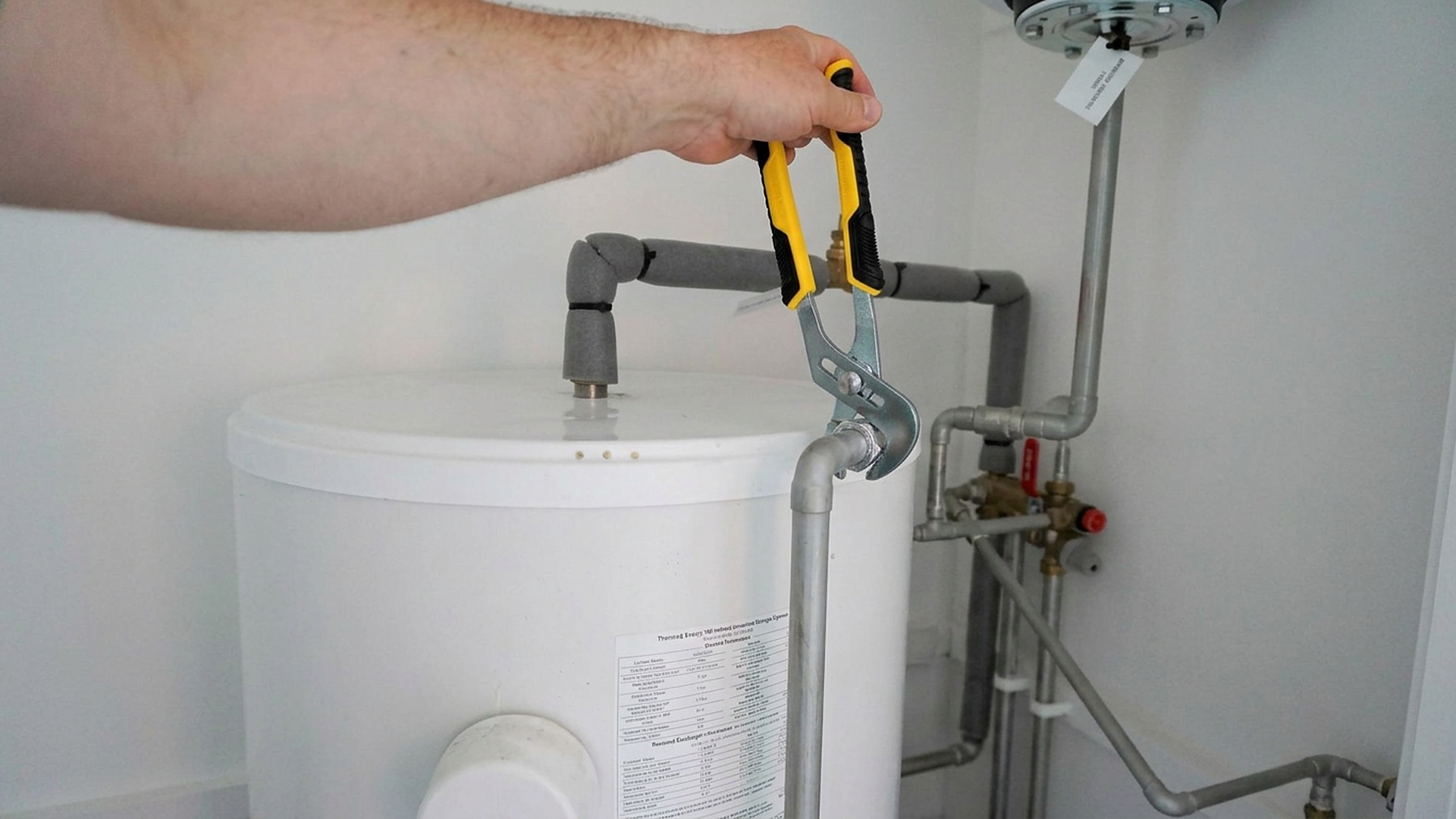 A technician tightens a water heater connection during plumbing repair in Los Banos.