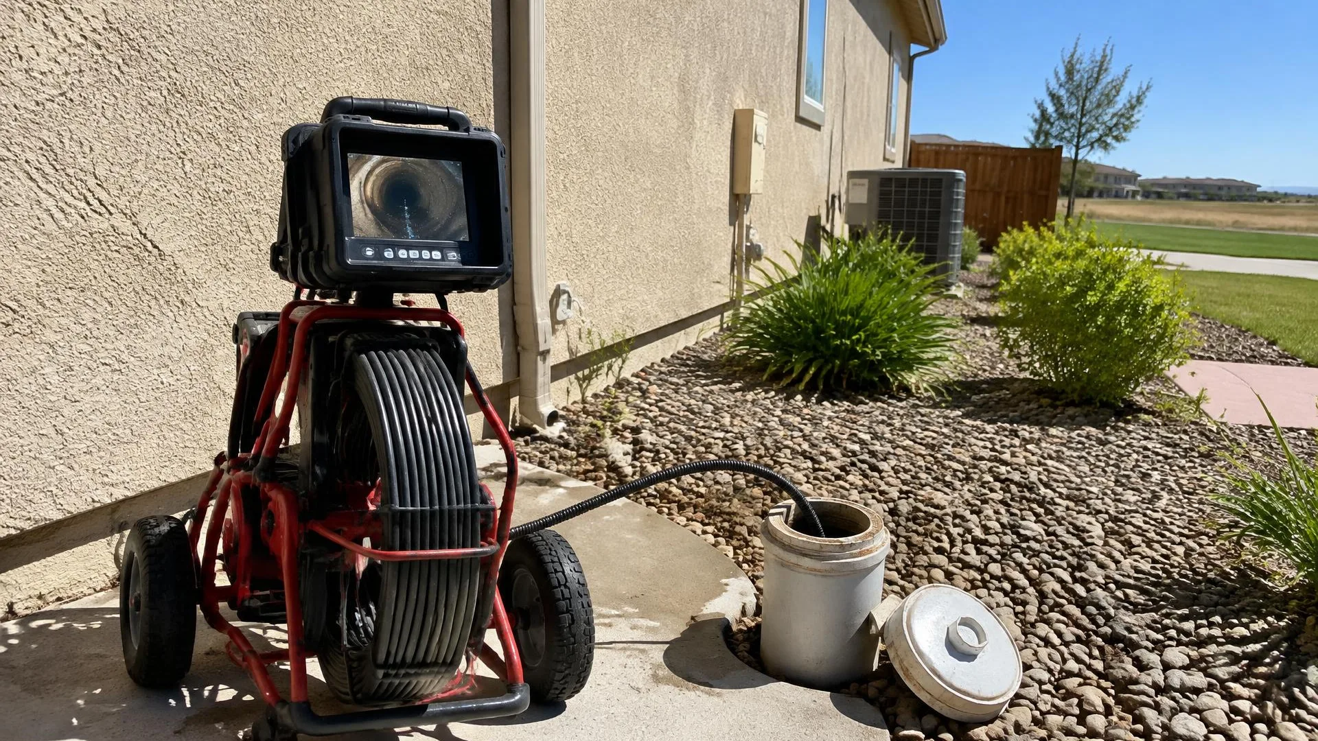 Sewer inspection camera cable positioned beside an exterior cleanout opening