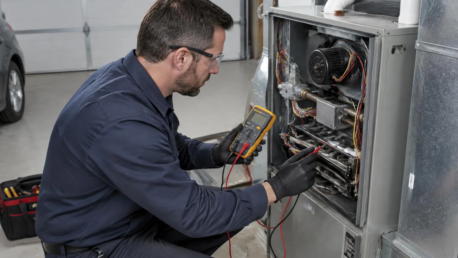 Homeowner checking a thermostat during an emergency heating outage in Los Banos