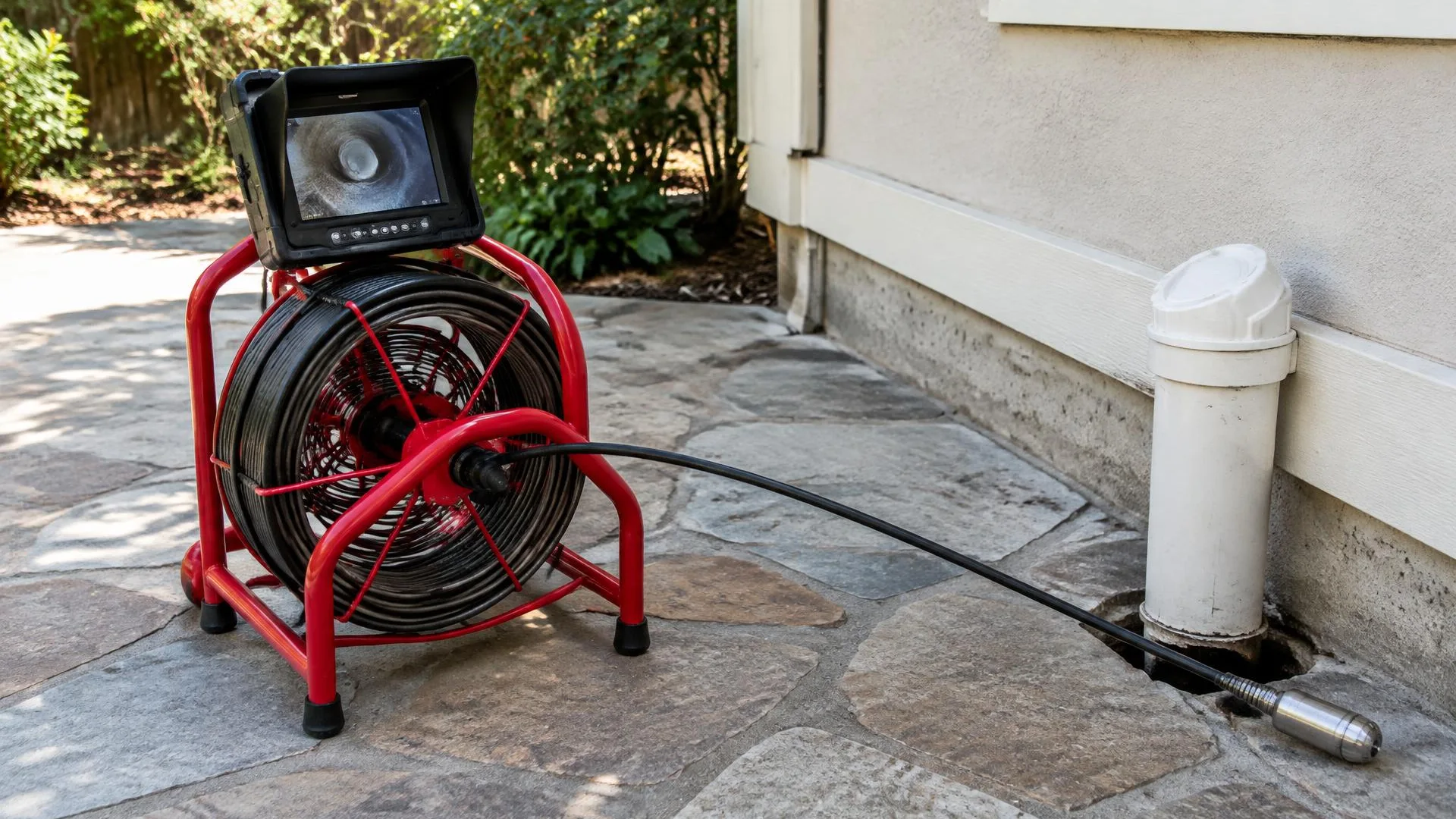 Sewer inspection footage on a monitor beside camera recording equipment