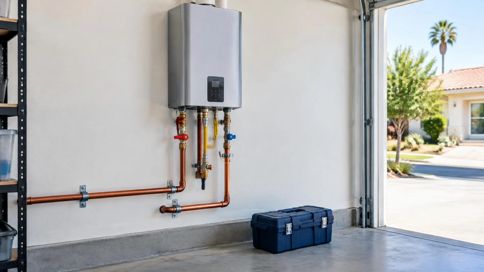 Wall-mounted tankless water heater with copper supply and hot water piping