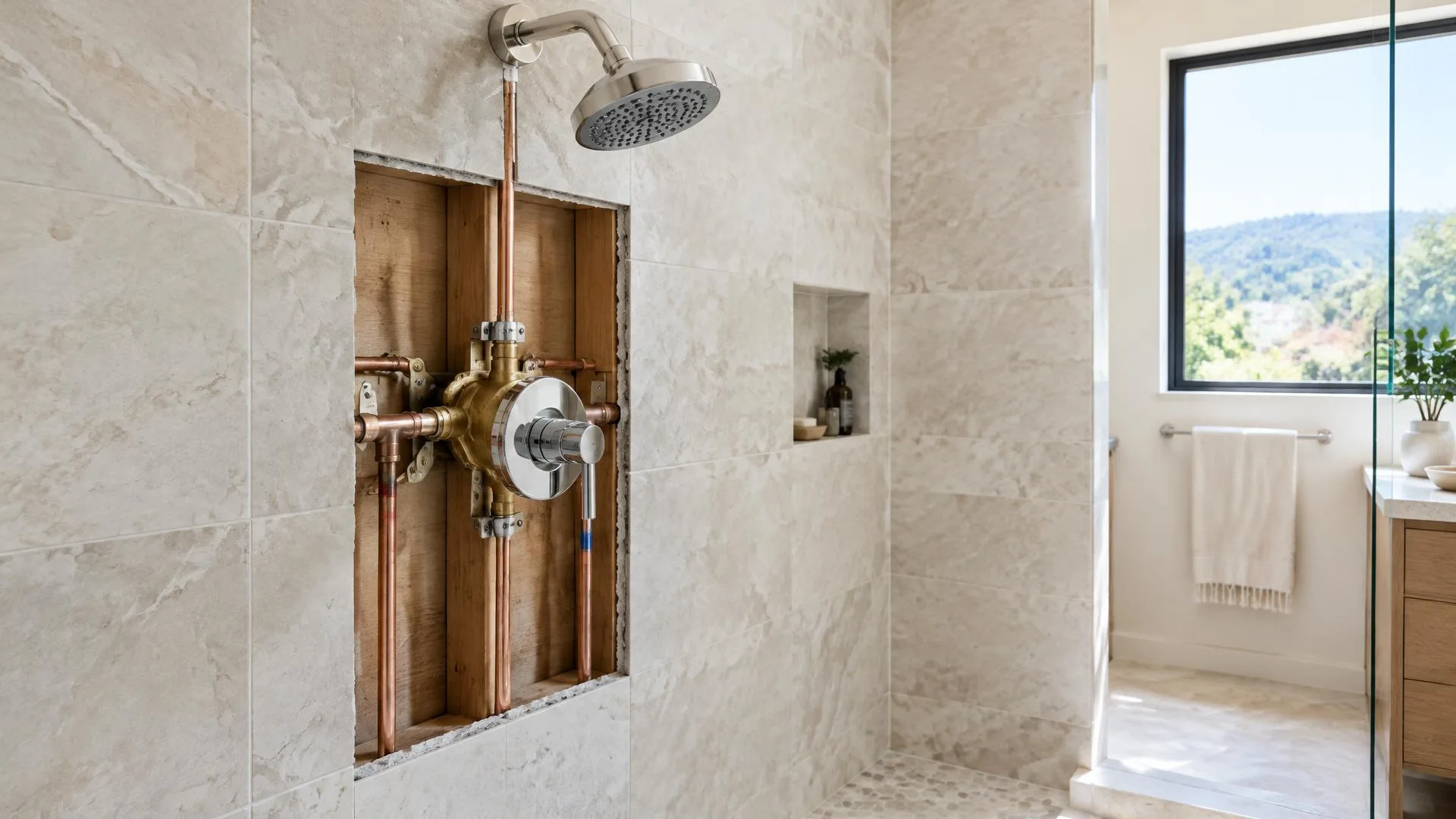 Bathroom faucet above a basin with fixture connections visible below