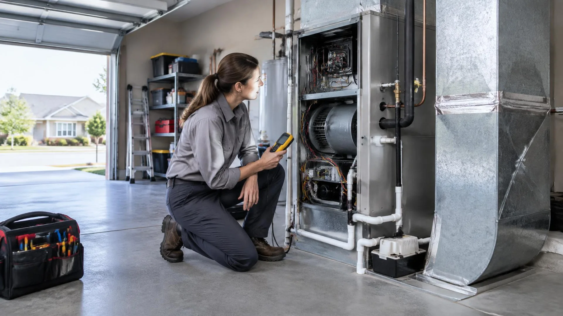 Technician reviewing a heating reset panel and fault history in Patterson