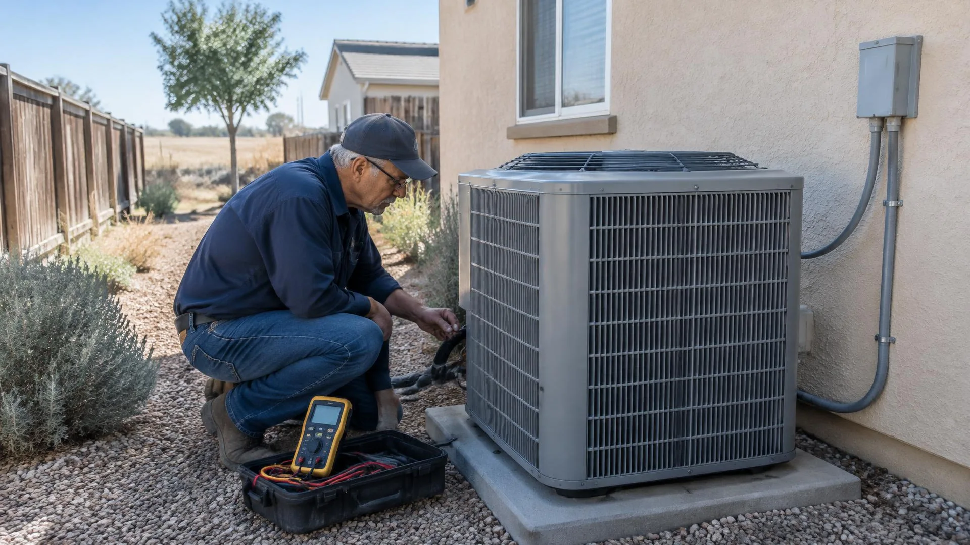 Outdoor cooling unit inspected after an abnormal mechanical sound