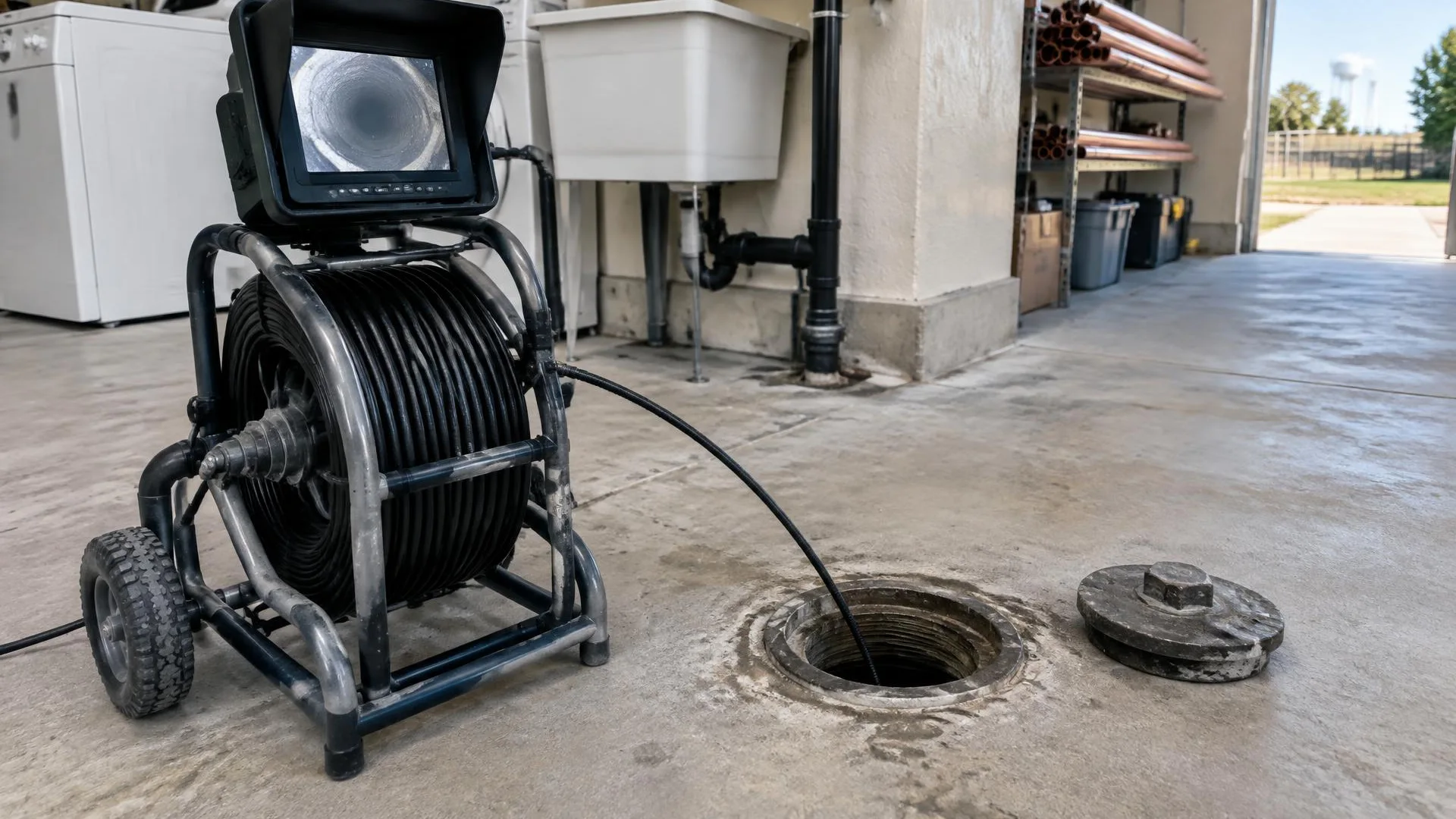 Camera inspection screen showing the interior of a recently cleared sewer line
