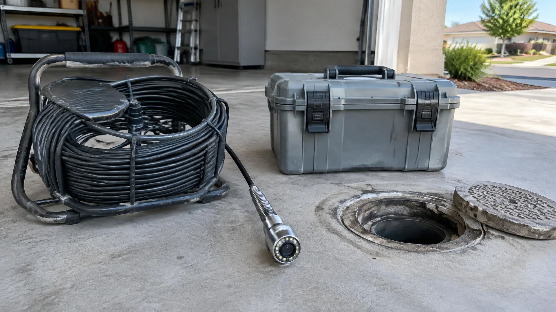 Sewer camera screen displaying a pipe connection inside the inspected line
