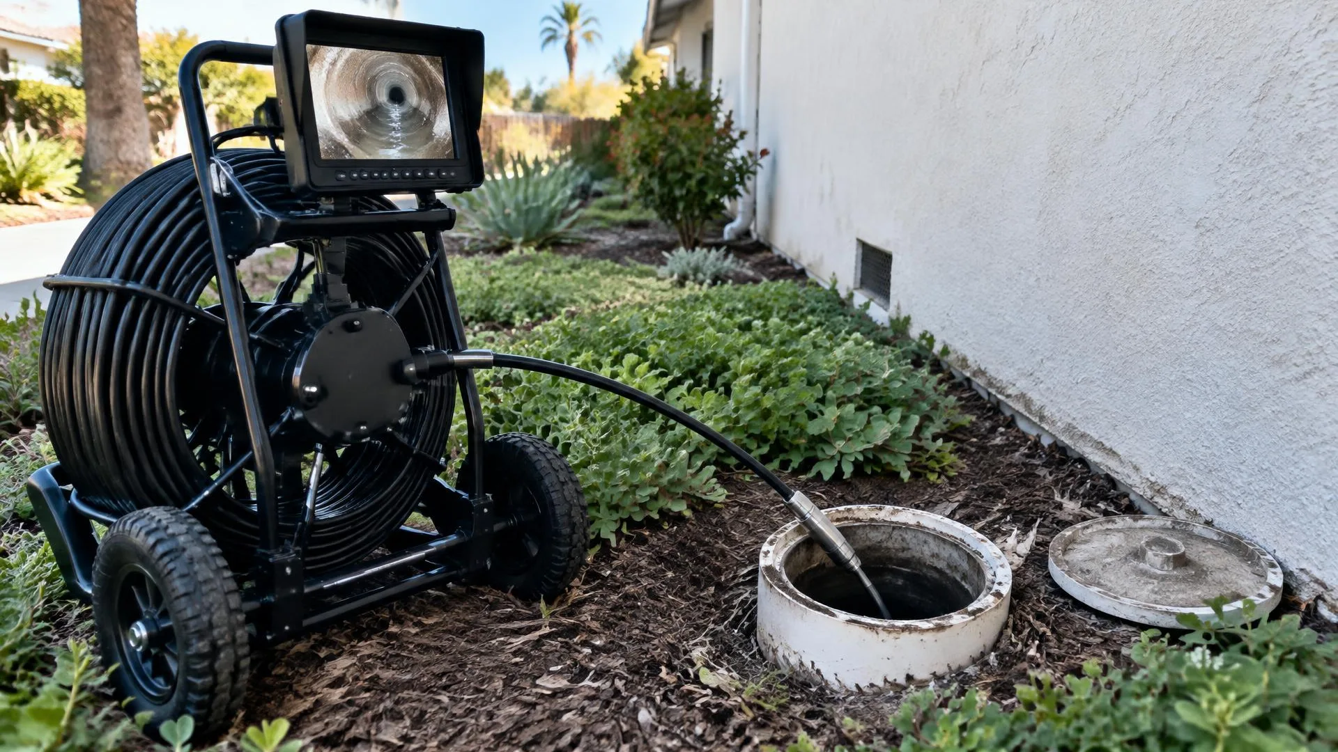 Accessible exterior sewer cleanout with camera inspection equipment placed nearby