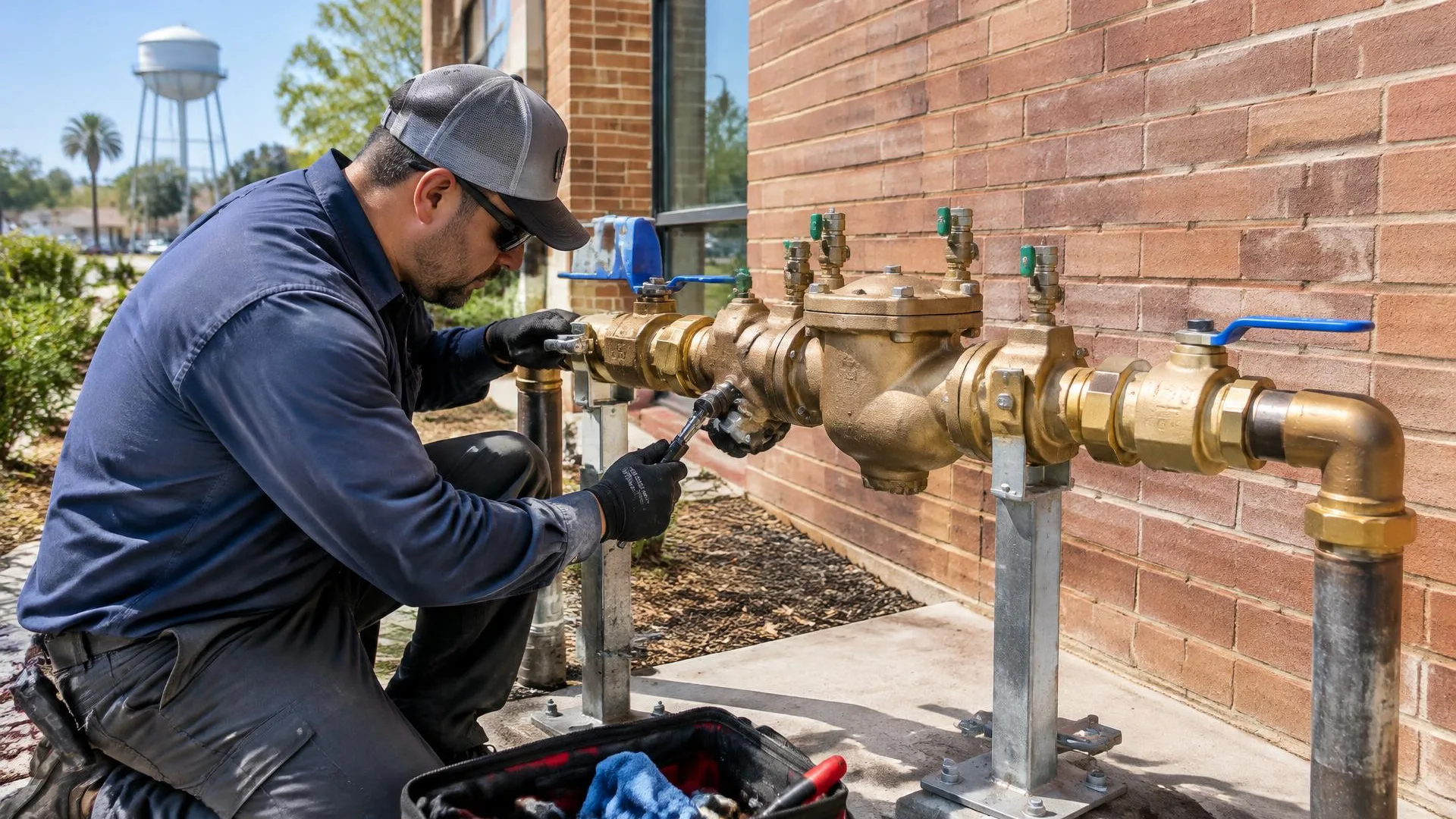Plumber tracing shared supply and drain lines across several commercial fixtures