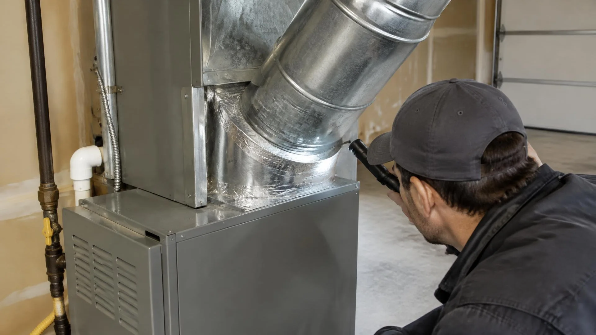 Technician inspecting furnace venting and safety controls in Dos Palos