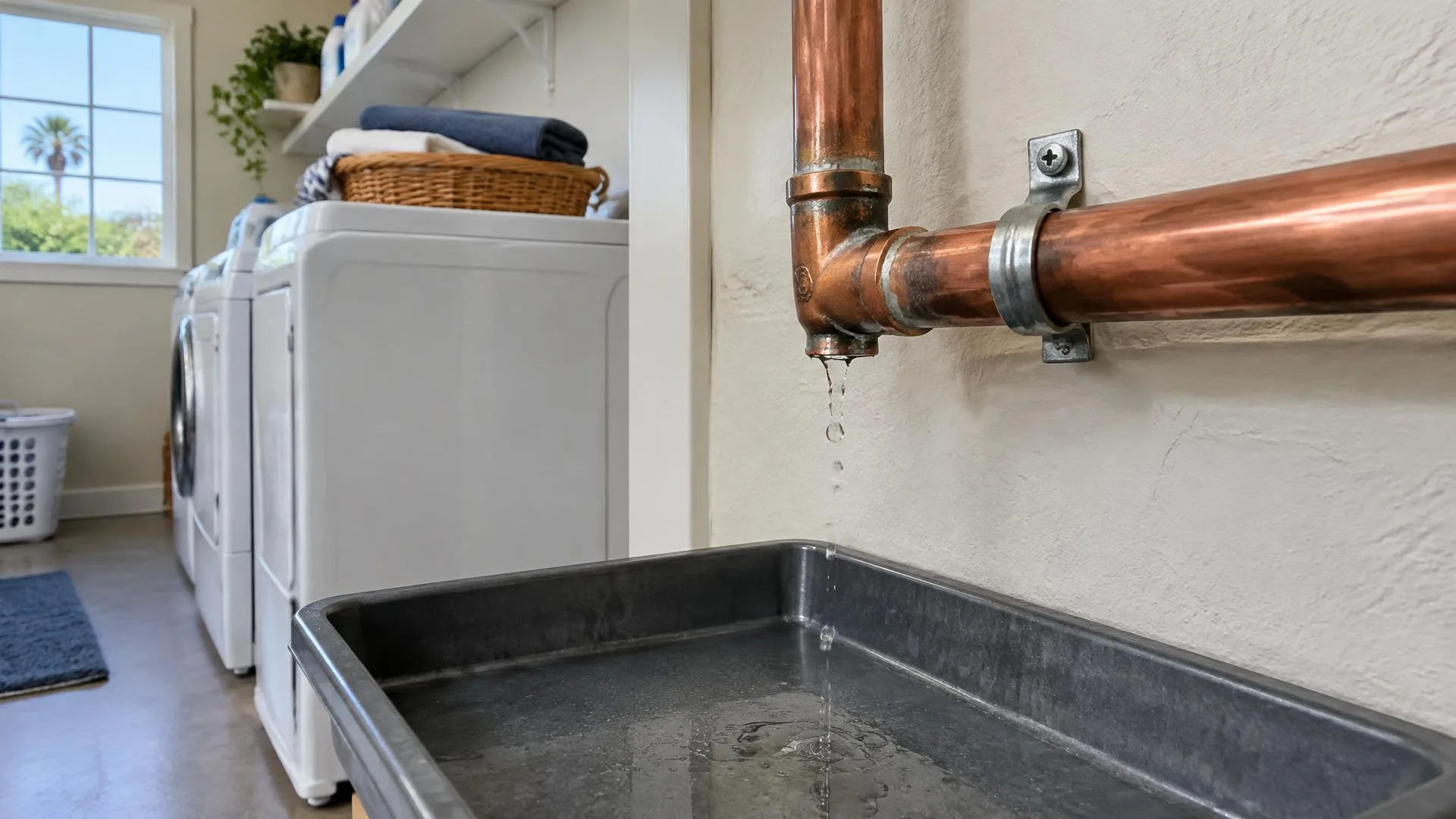Water supply pipes and fittings visible beside an interior wall