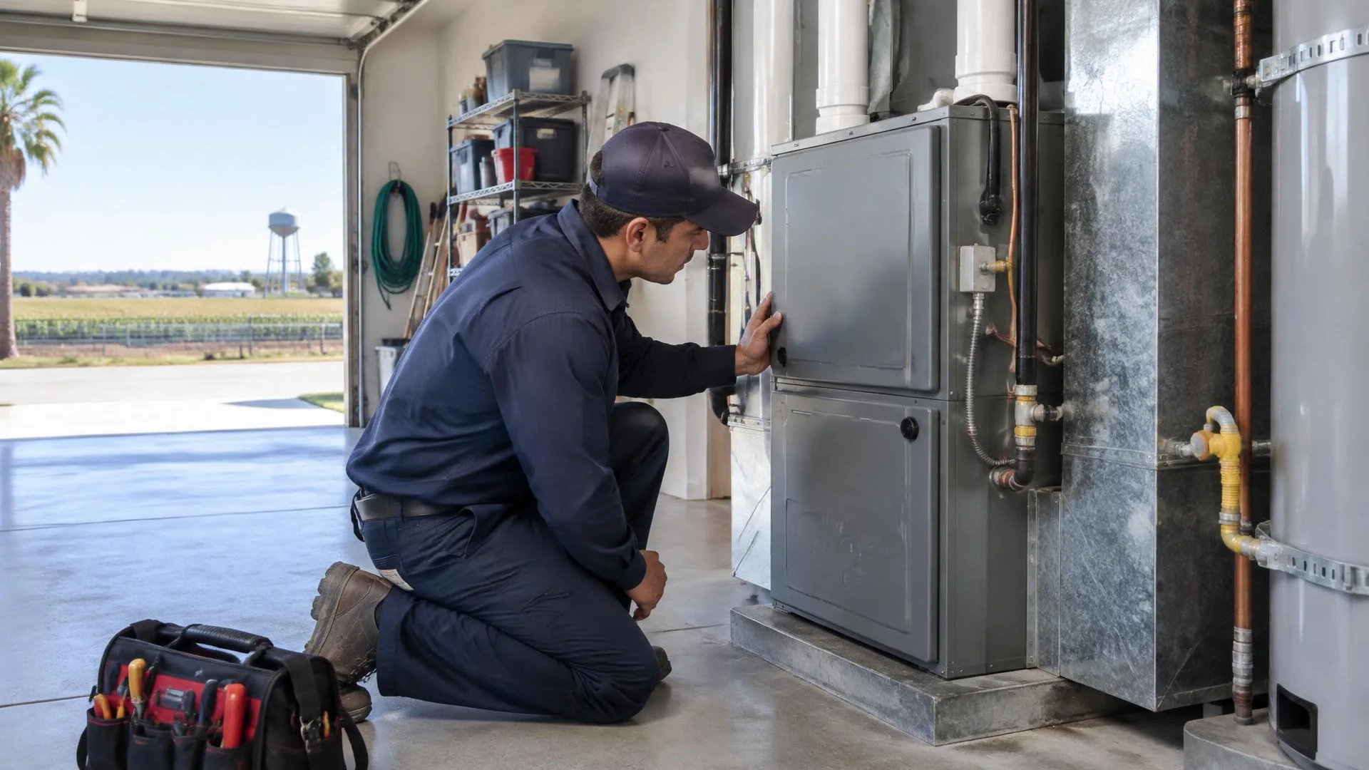 Technician reviewing a home heating system while checking thermostat operation in Los Banos