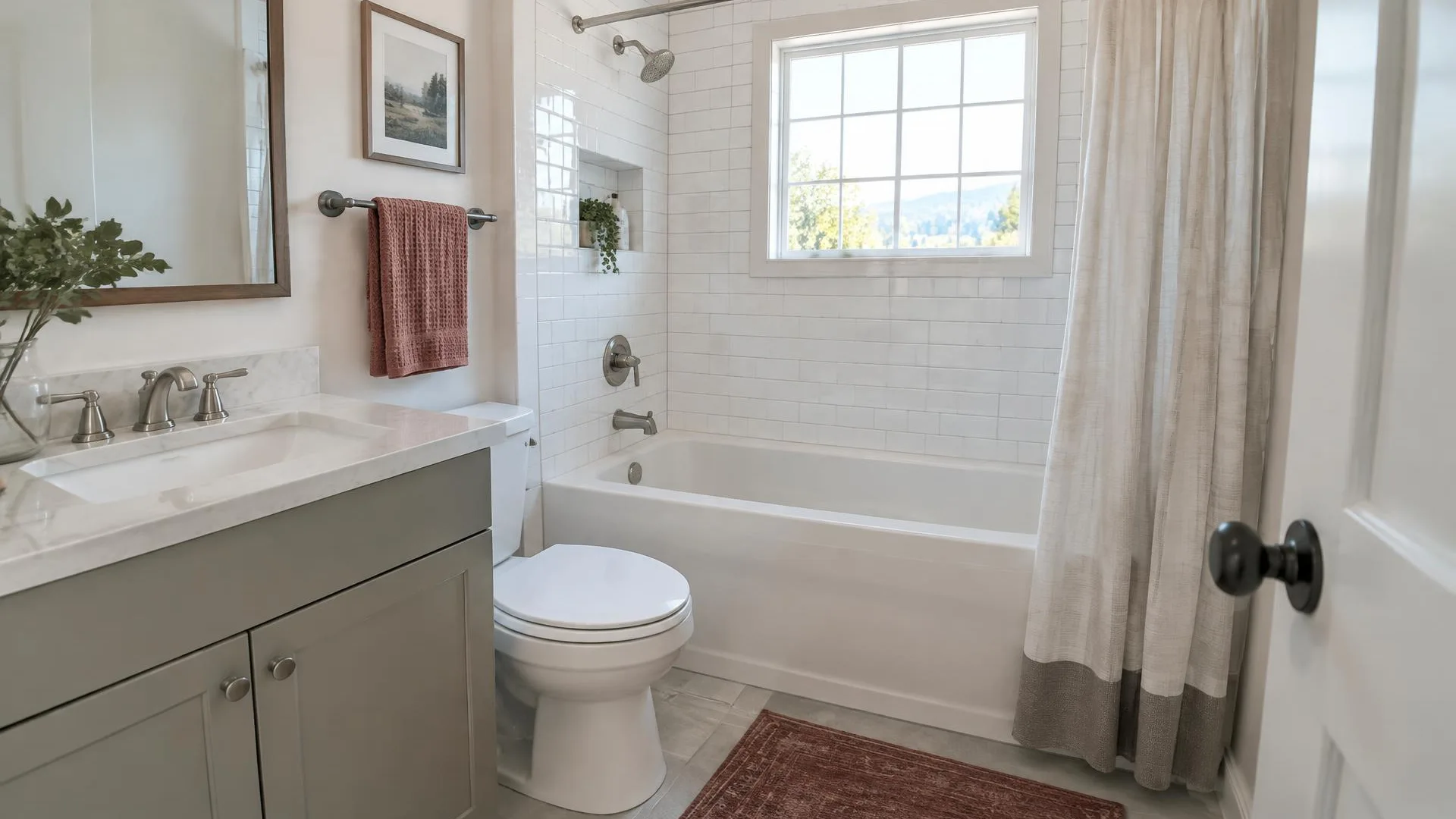 Handheld shower and support bar positioned beside bathroom controls