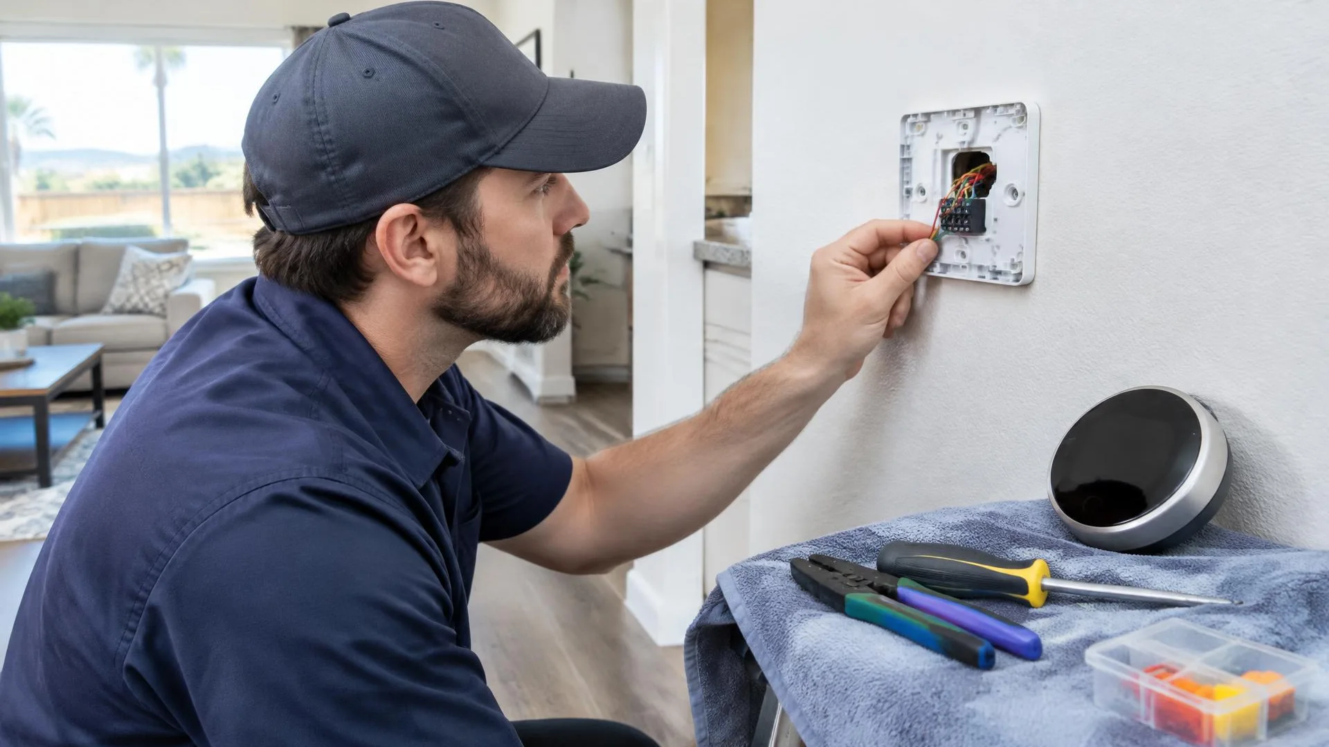 Professional assessing thermostat control wiring before a Turlock installation
