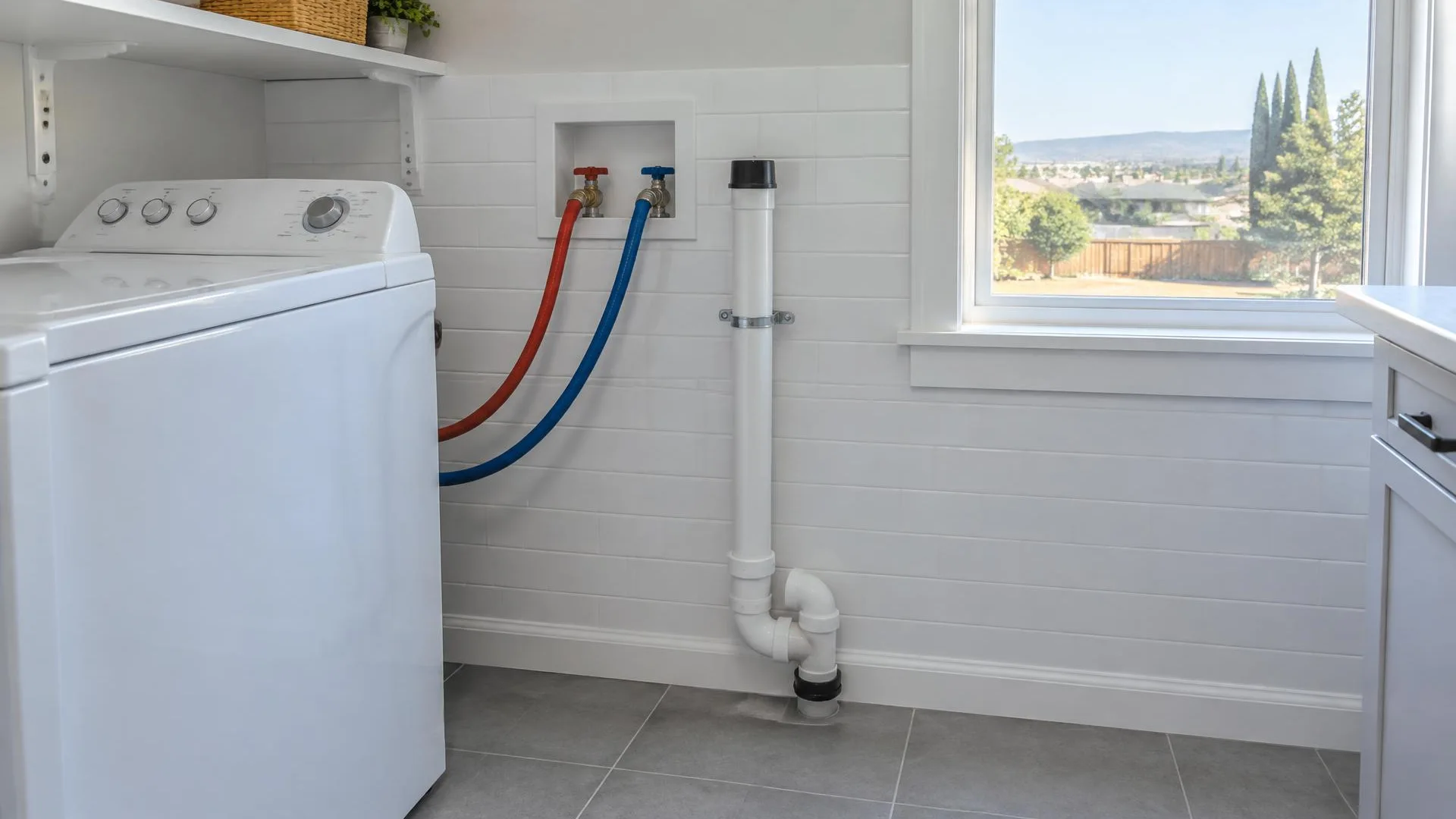 Sink cabinet showing separate water supply lines and drain piping