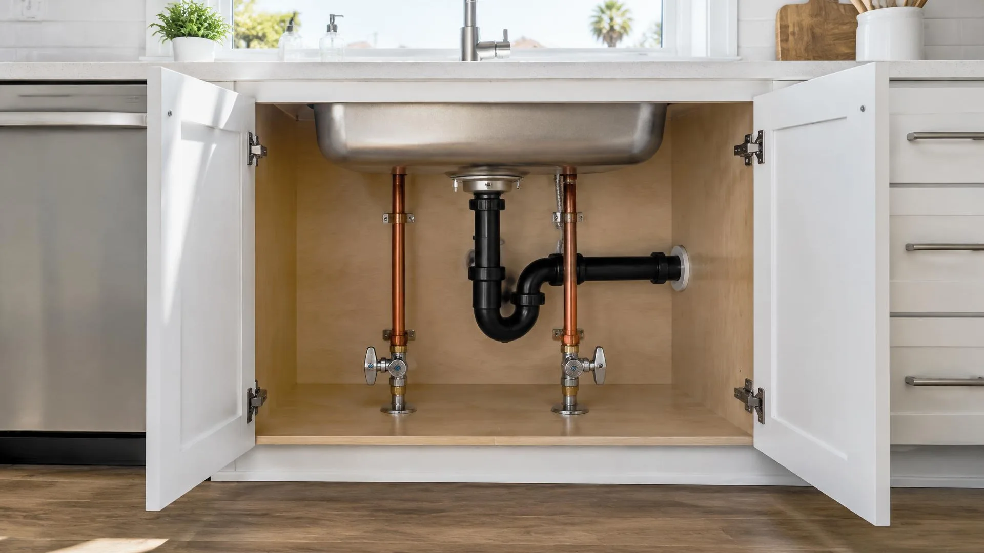 Close view of exposed plumbing connections beside a residential water heater