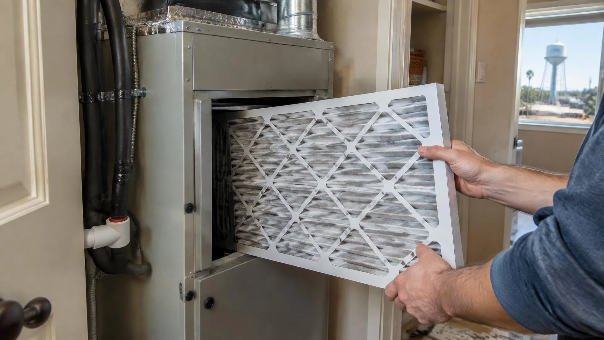 Homeowner and technician reviewing a wall thermostat display in Turlock
