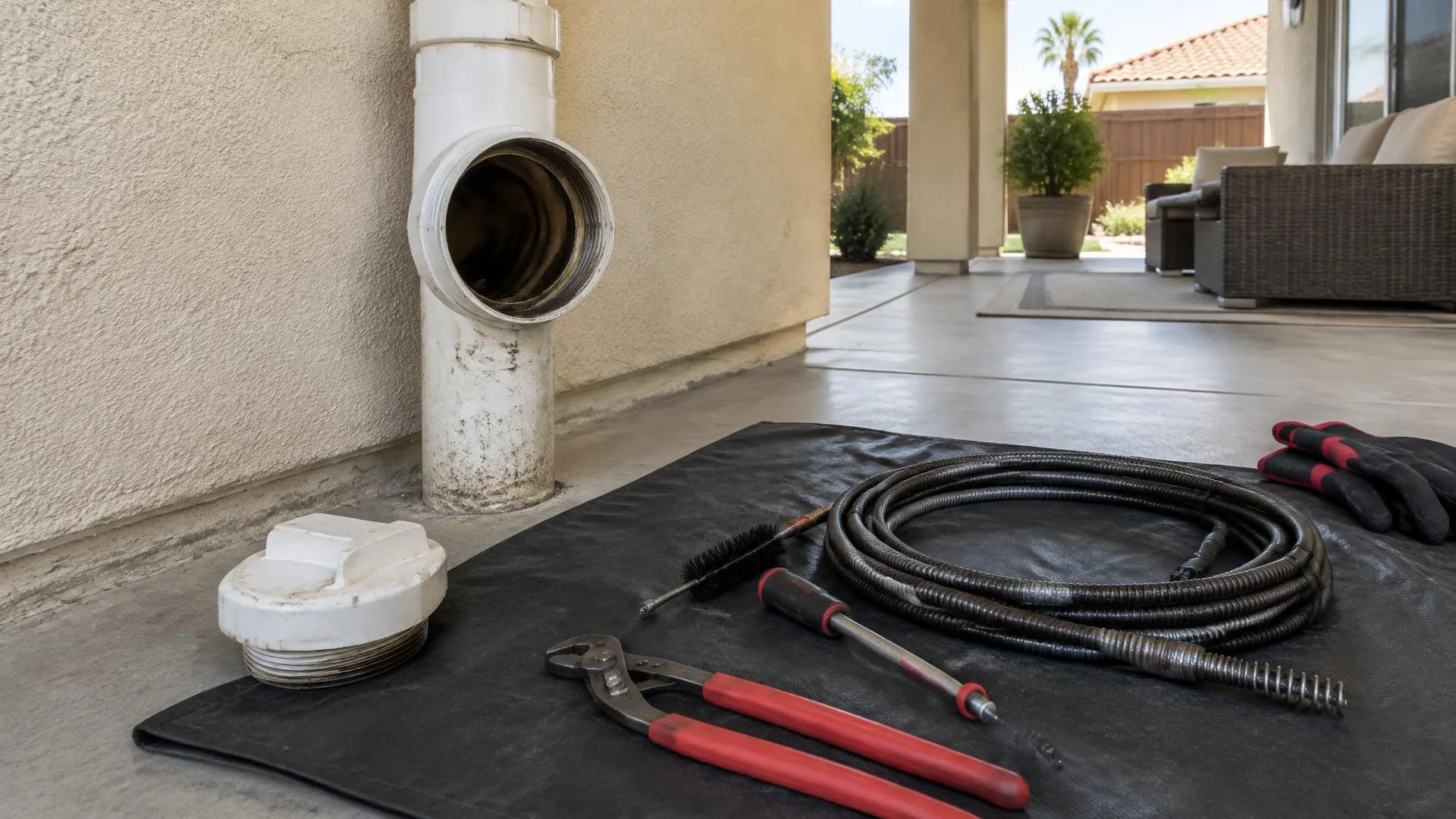 Plumber reviewing drain inspection findings with a homeowner at a tablet