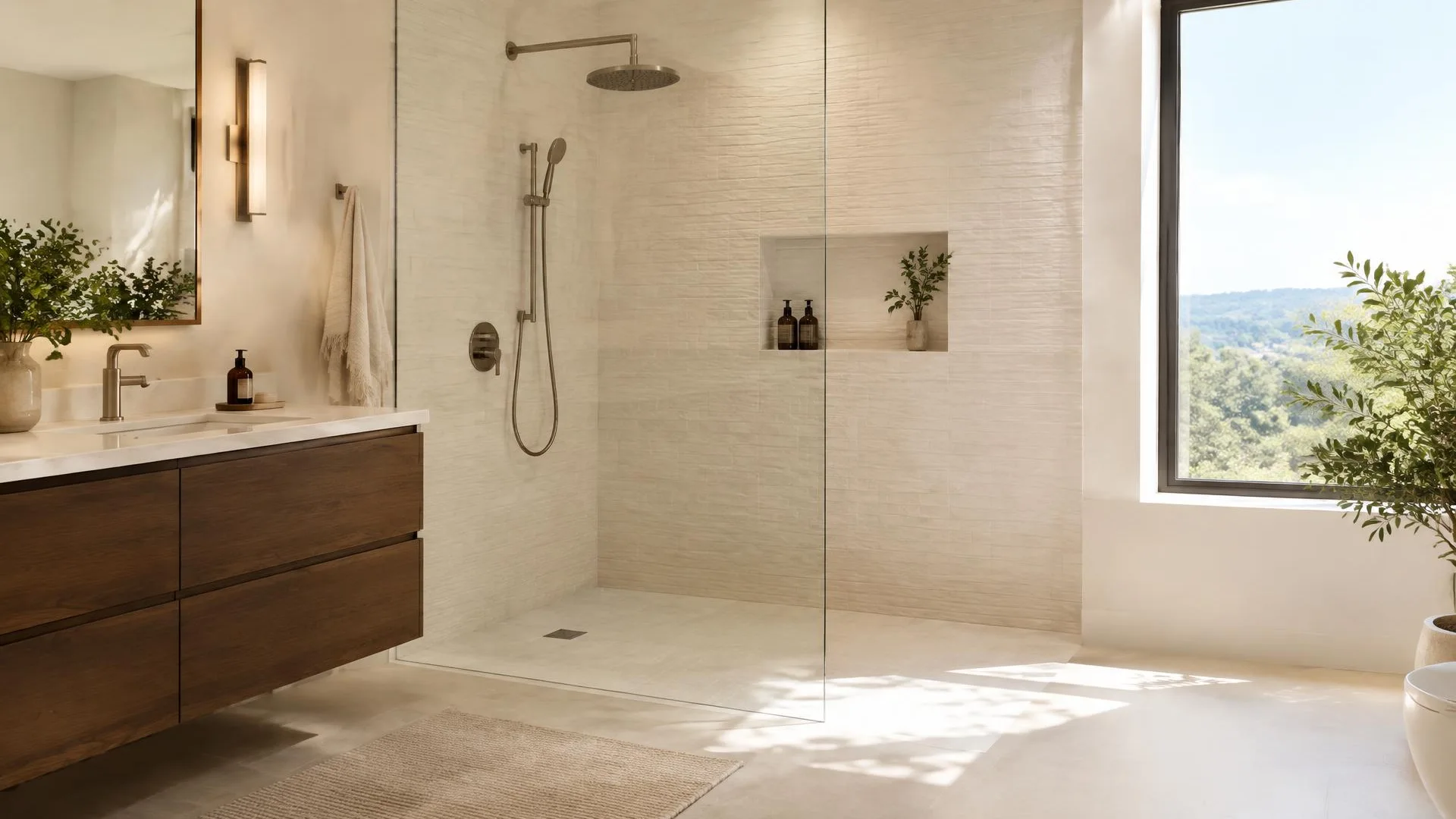 Completed shower and bathtub controls with spout and drain visible