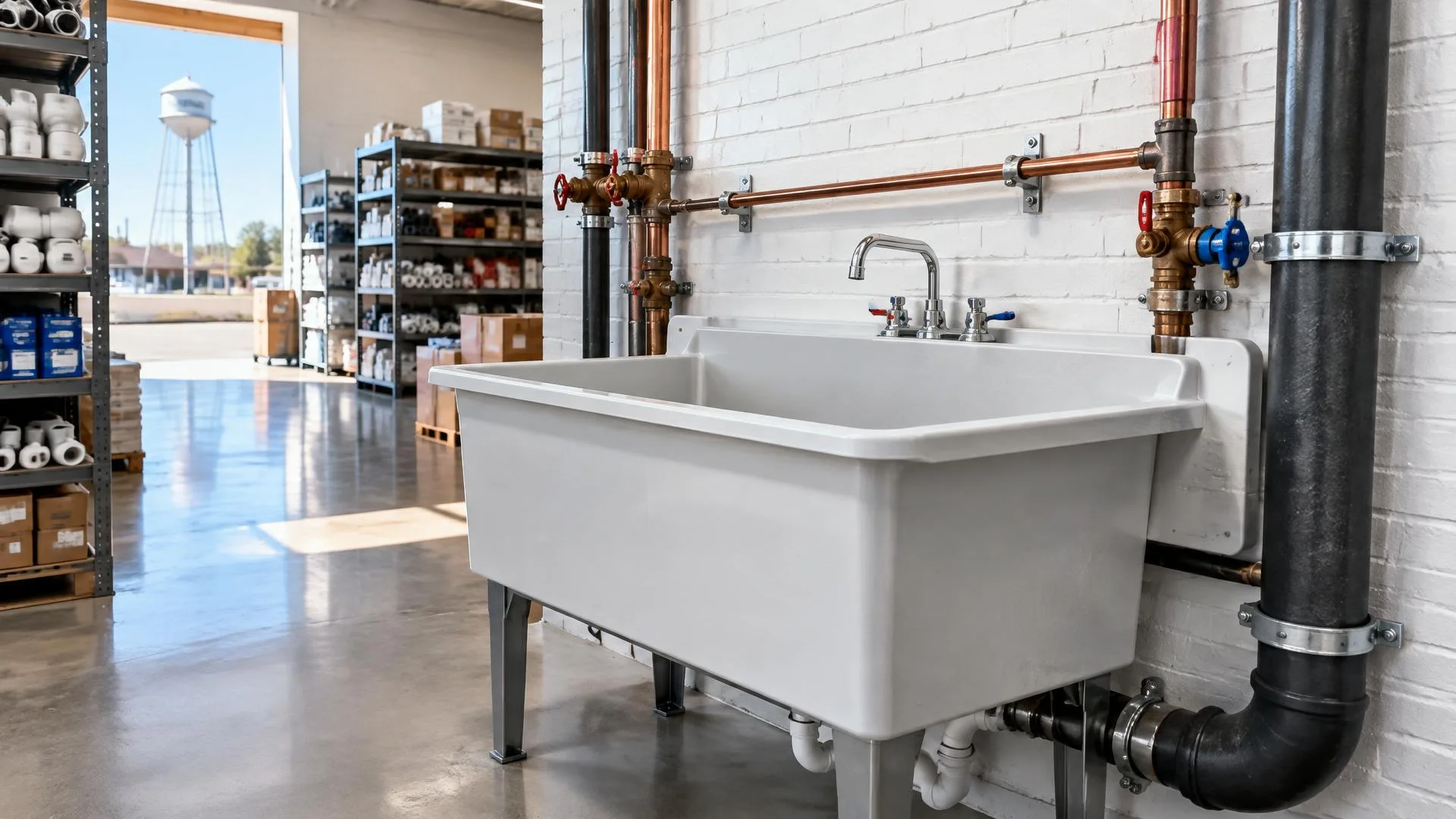 Commercial plumber locating and testing a water shutoff valve in a mechanical room