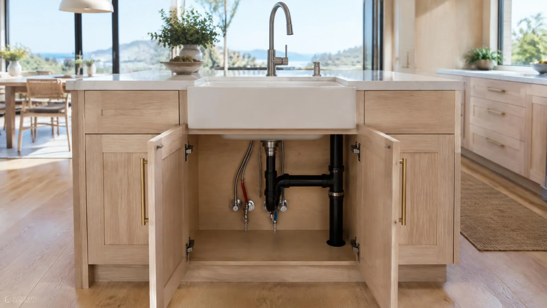 Bathroom fixture connections and exposed supply piping before cabinet enclosure