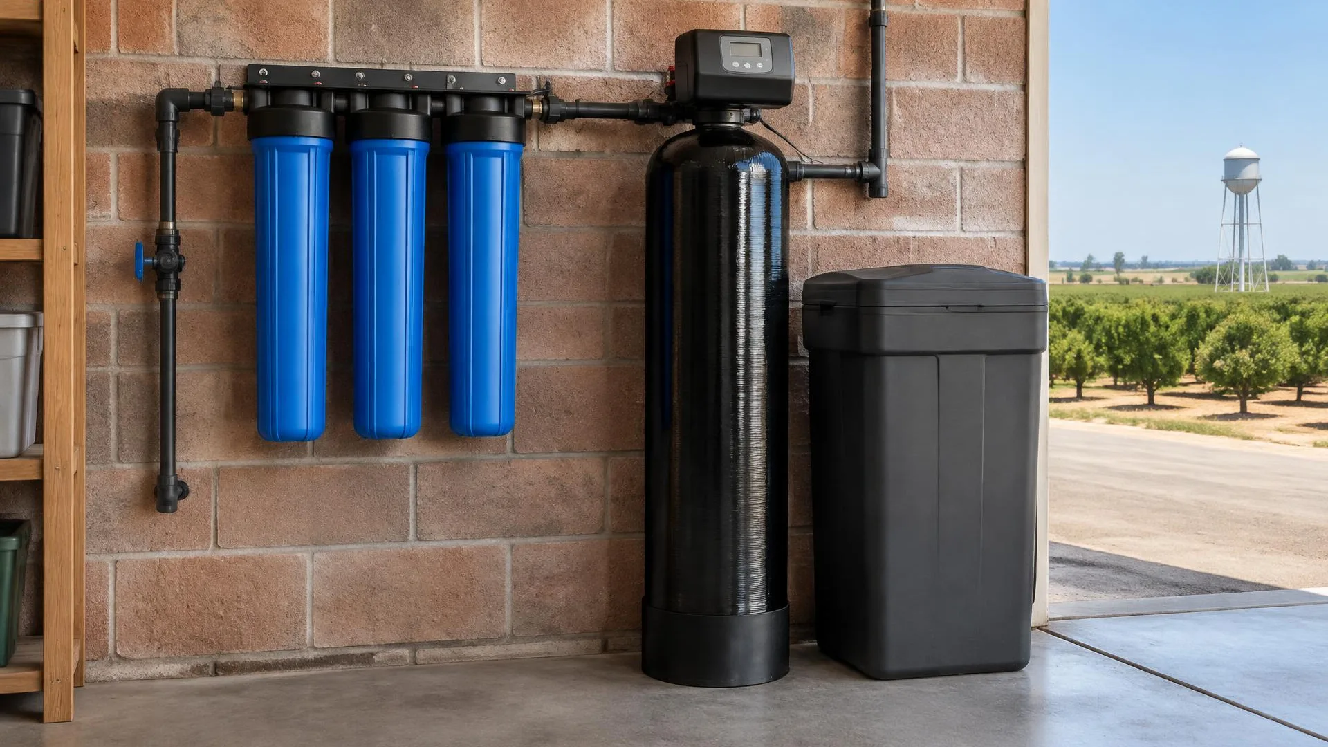 Residential conditioning tank beside a conventional softener brine tank