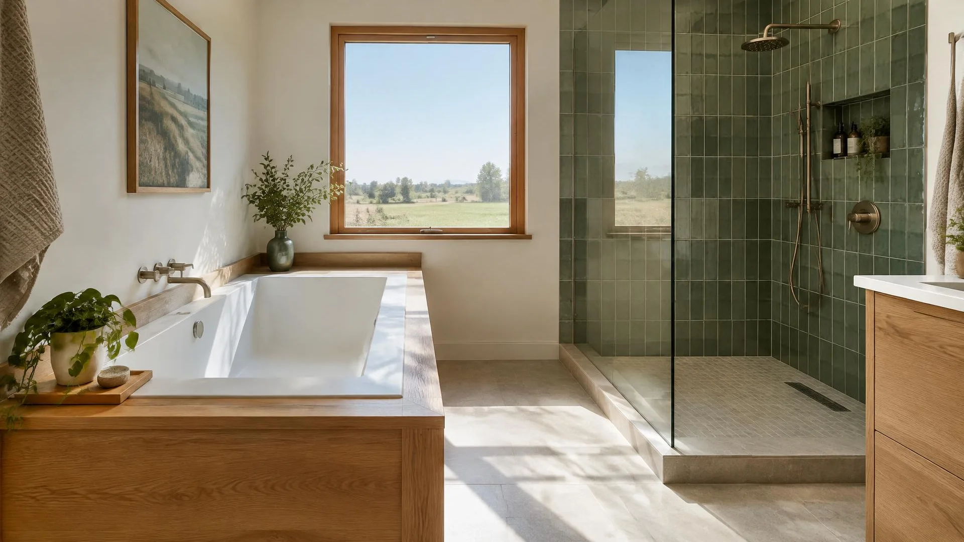 Shower control and bathtub fixtures being coordinated within a bathroom remodel