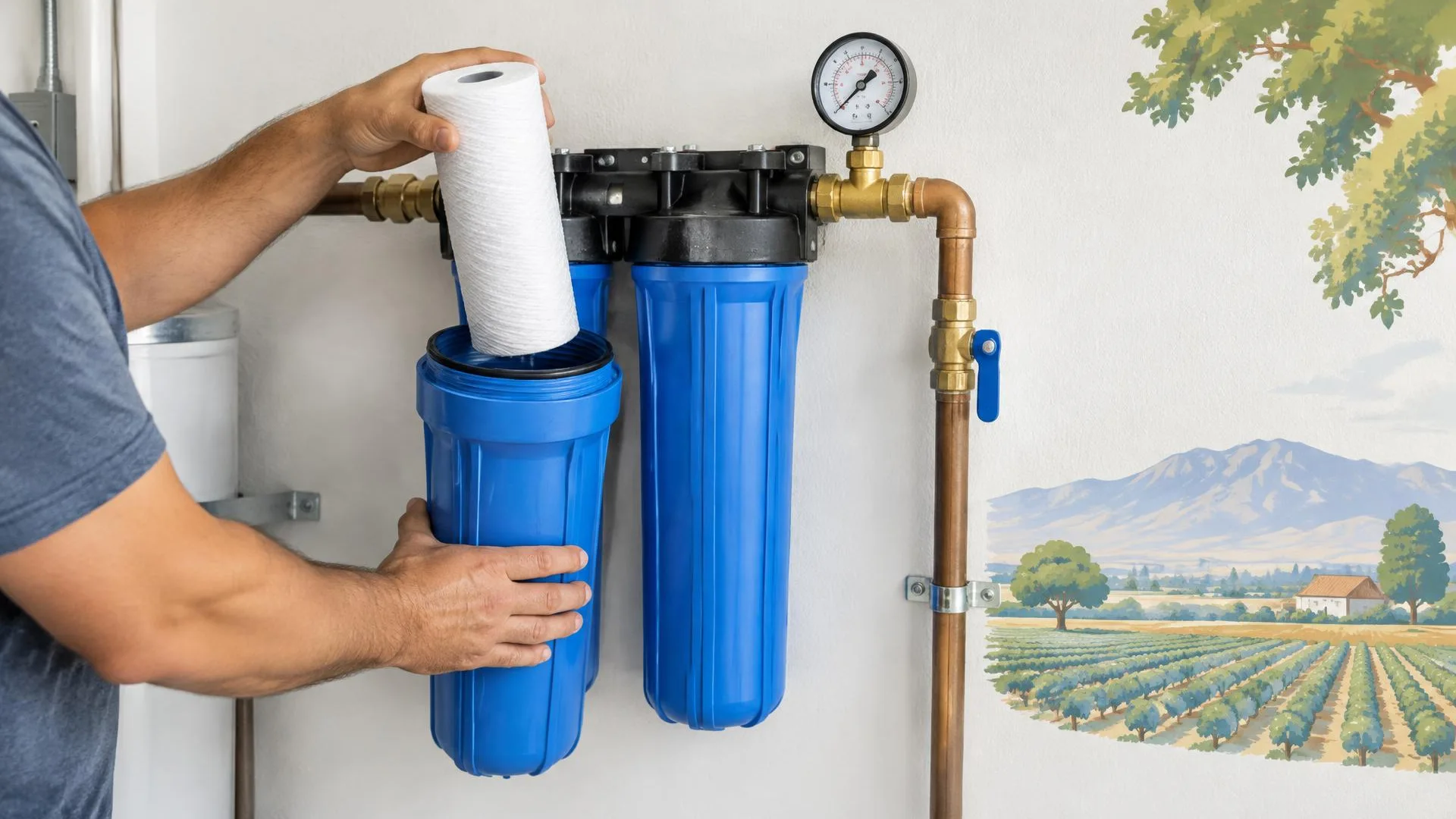 Water treatment filters and softener with product information prepared for maintenance