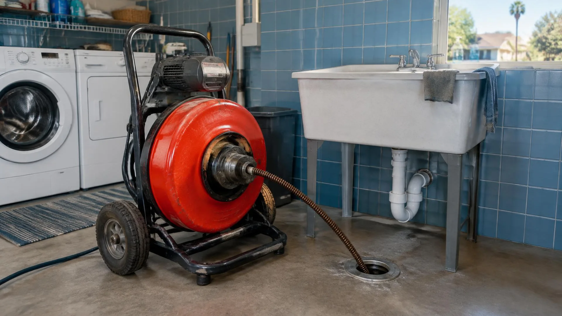 Technician preparing hydro-jetting equipment to clean a residential drain line